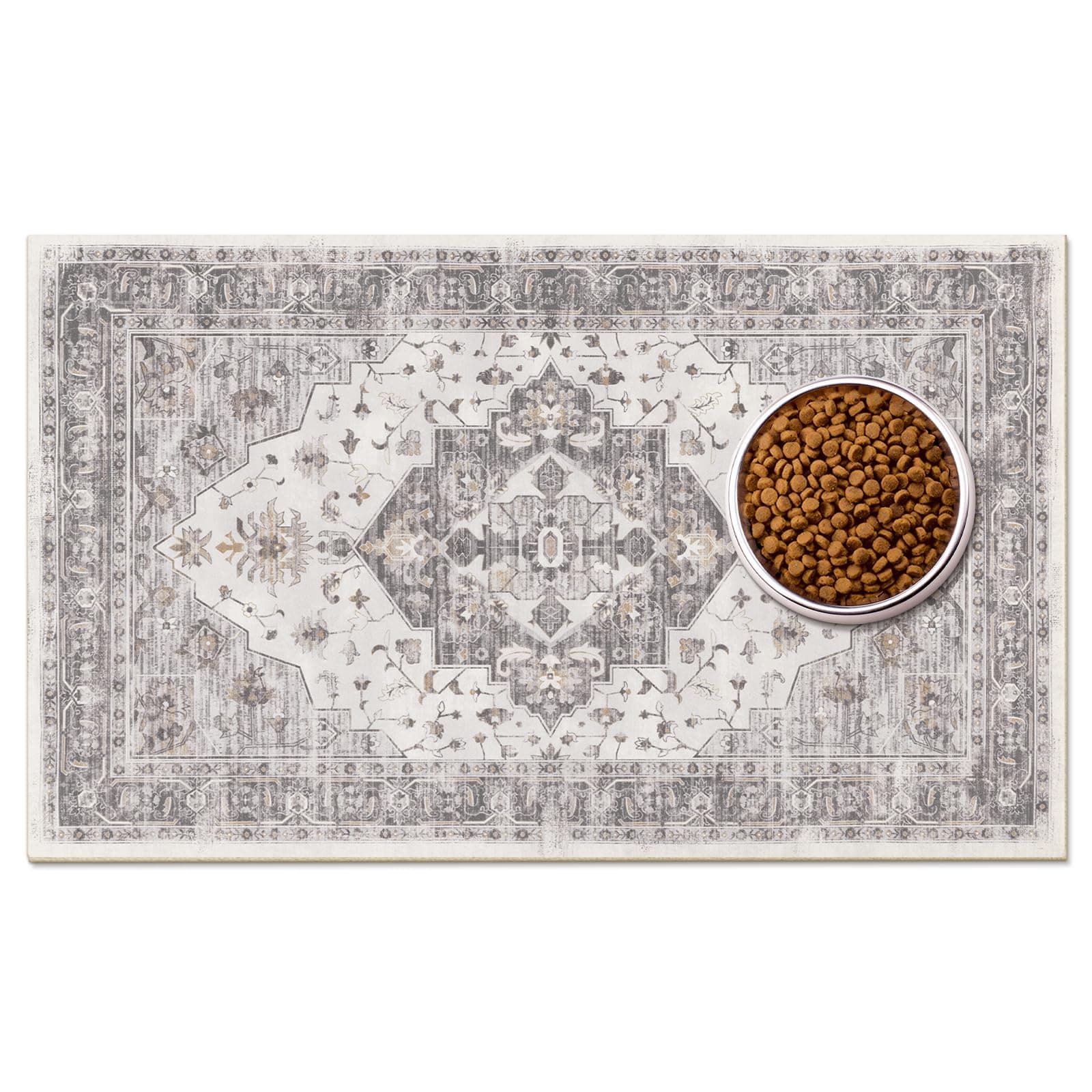 Boho Dog Feeding Mat, Absorbent Cat Matt for Food, Non Slip Pet Water Bowl Placemat Small for Floor, Beige & Charcoal & Brown Indoor Dog Eating Dish Mat 16"x24"