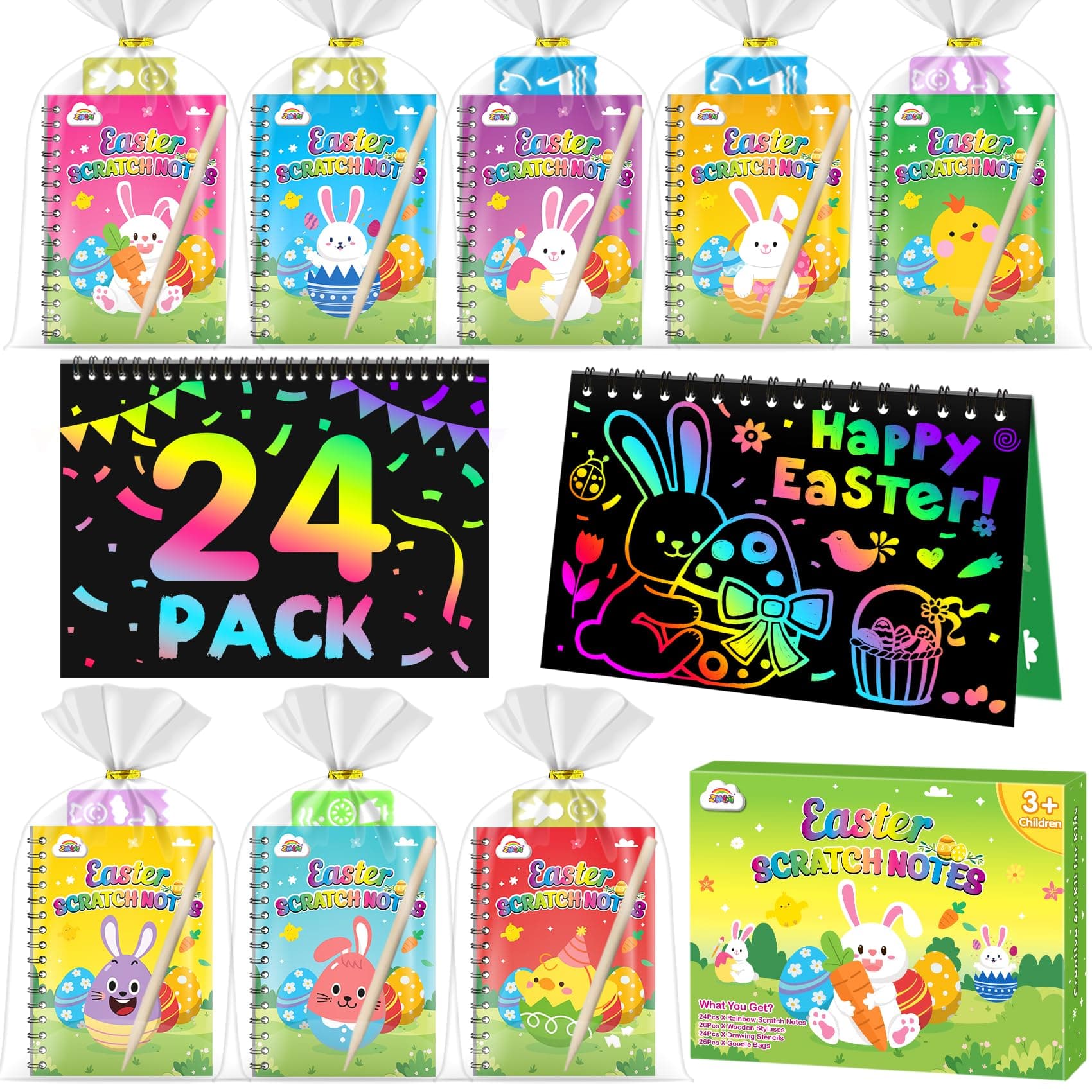 ZMLM Easter Party Favors for Kids: 24 Pack Easter Gifts Toy Bulk Rainbow Scratch Art Notebook Birthday Goodie Bags Stuffers Girls Boys Art Craft Kit Pads Classroom Prizes School Teacher Return