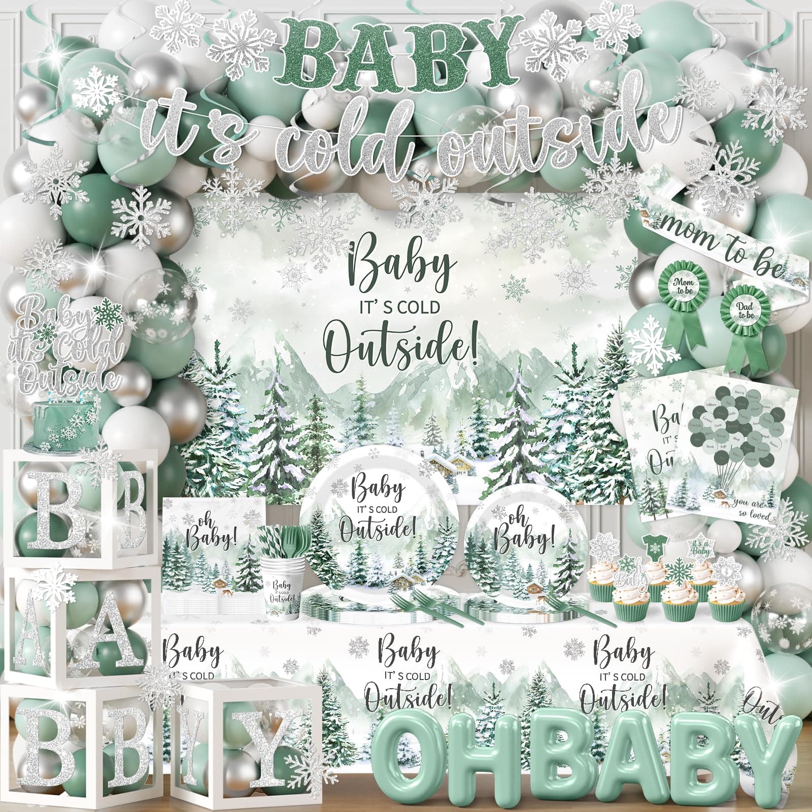 Winter Baby Shower Decorations, Green Baby It's Cold Outside Decor with Plates Napkins Tablecloth Balloon Cake Topper, Winter Wonderland Baby Shower Decorations Boy Girl for Holiday Christmas