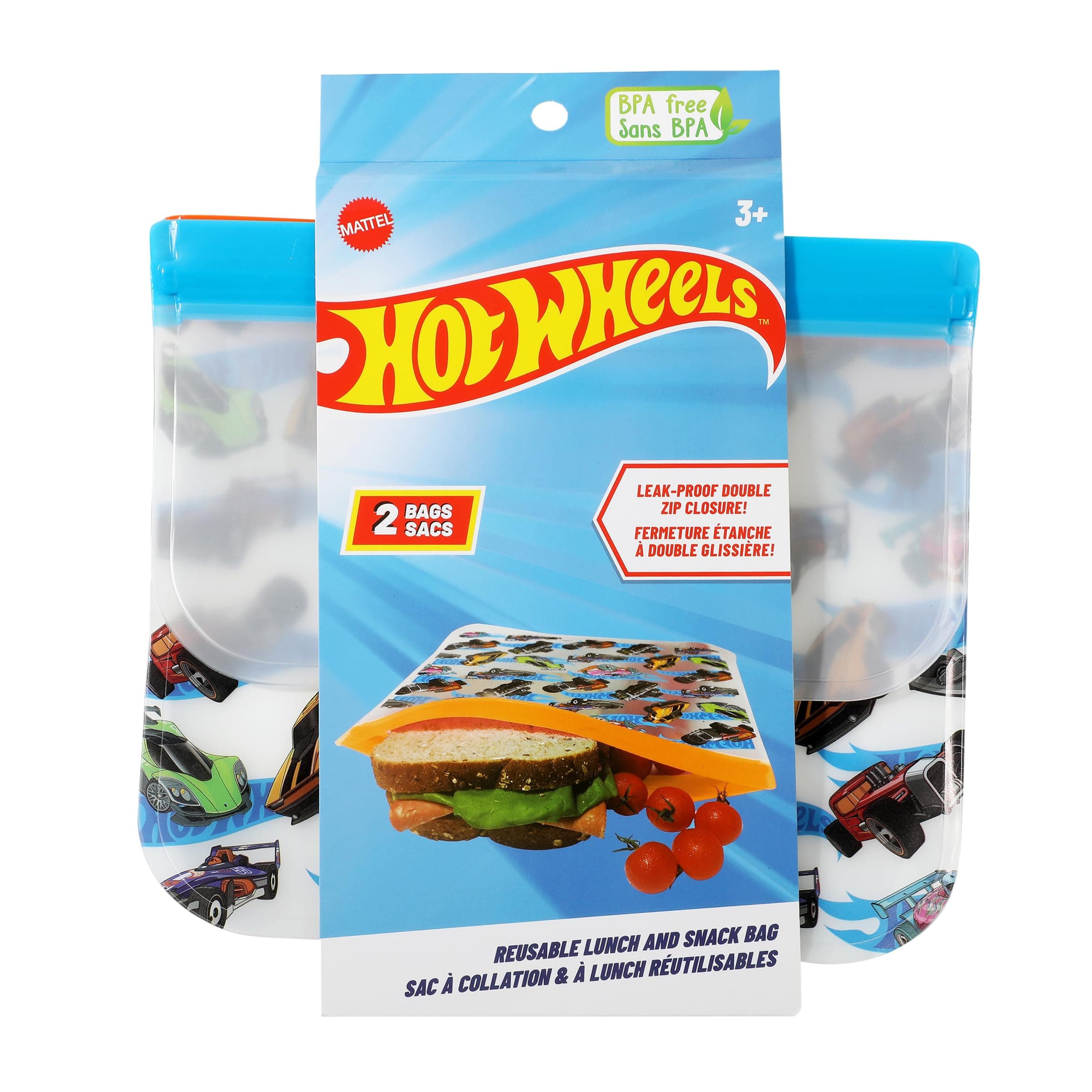 PEVA REUSABLE SNACK BAG 2 PK, FOR KIDS SCHOOL LUNCH, WASHABLE AND FOOD-SAFE- HOT WHEELS