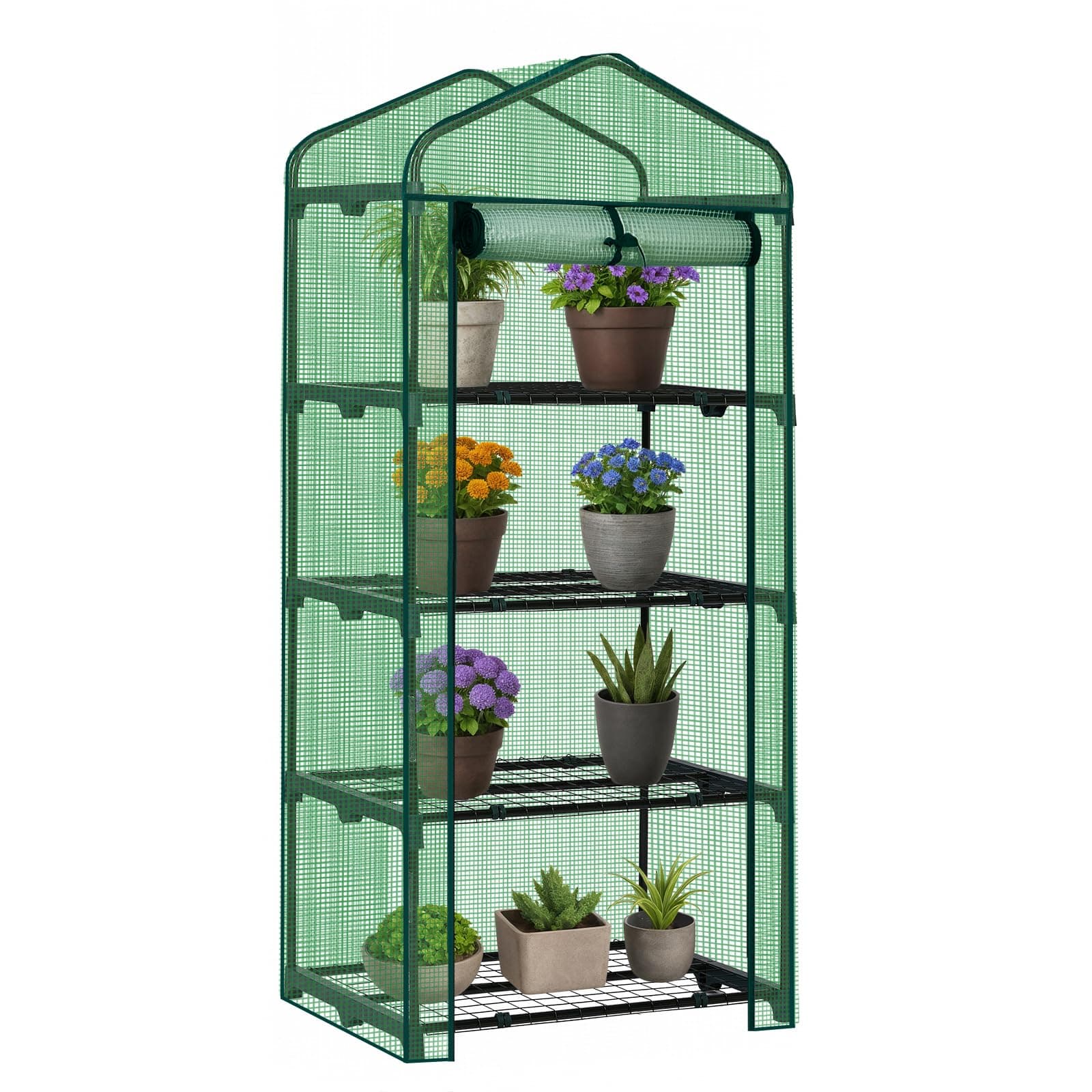 Outvita Mini Greenhouse, Small PE Plant Green House with 4 Tiers Rack, Shelf Clips, Roll-up Zipper Door, Gardening Supplies for Indoor Outdoor Seedling Frost Protection , 27"x19.6"x63" Green