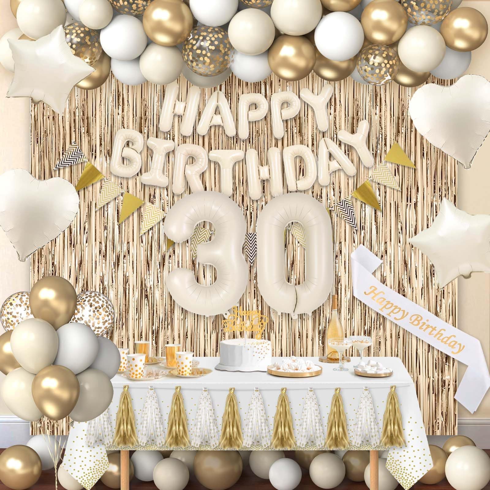 Miidenks 30th Birthday Decorations for Women, White and Gold 30 Boho Birthday Party Supplies Includes Number Balloons, Banner, Fringe Curtain, Cake Topper