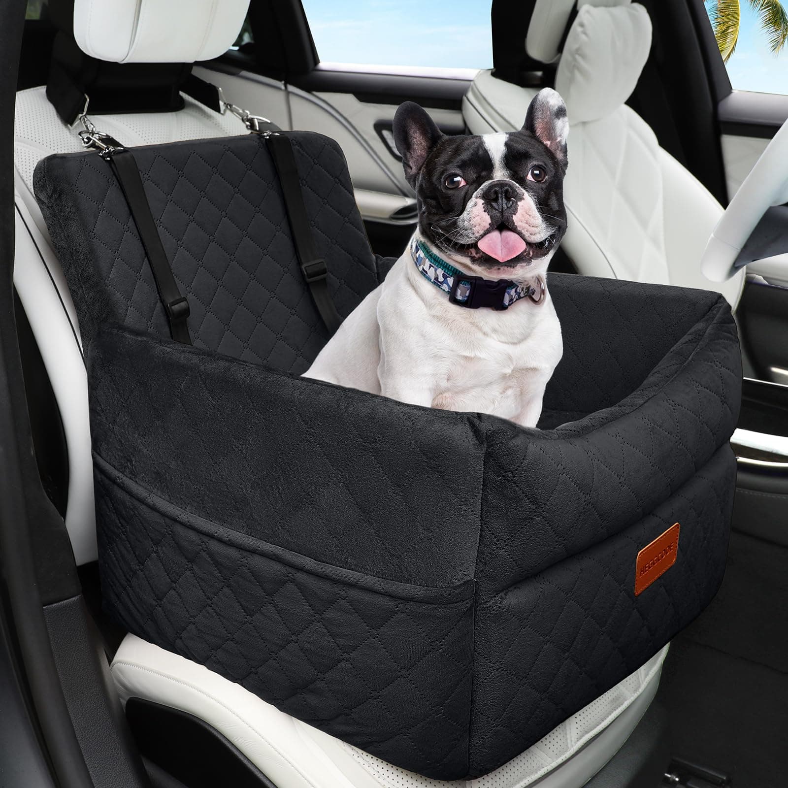 HEGGCOOE Small Dog Car Seat, Memory Foam Dog Booster Car Seats with Thick Cushion for Medium Dogs Under 35lbs, Detachable Washable Dog Bed, Pet Carseat with Storage Pockets (Black, one Size)