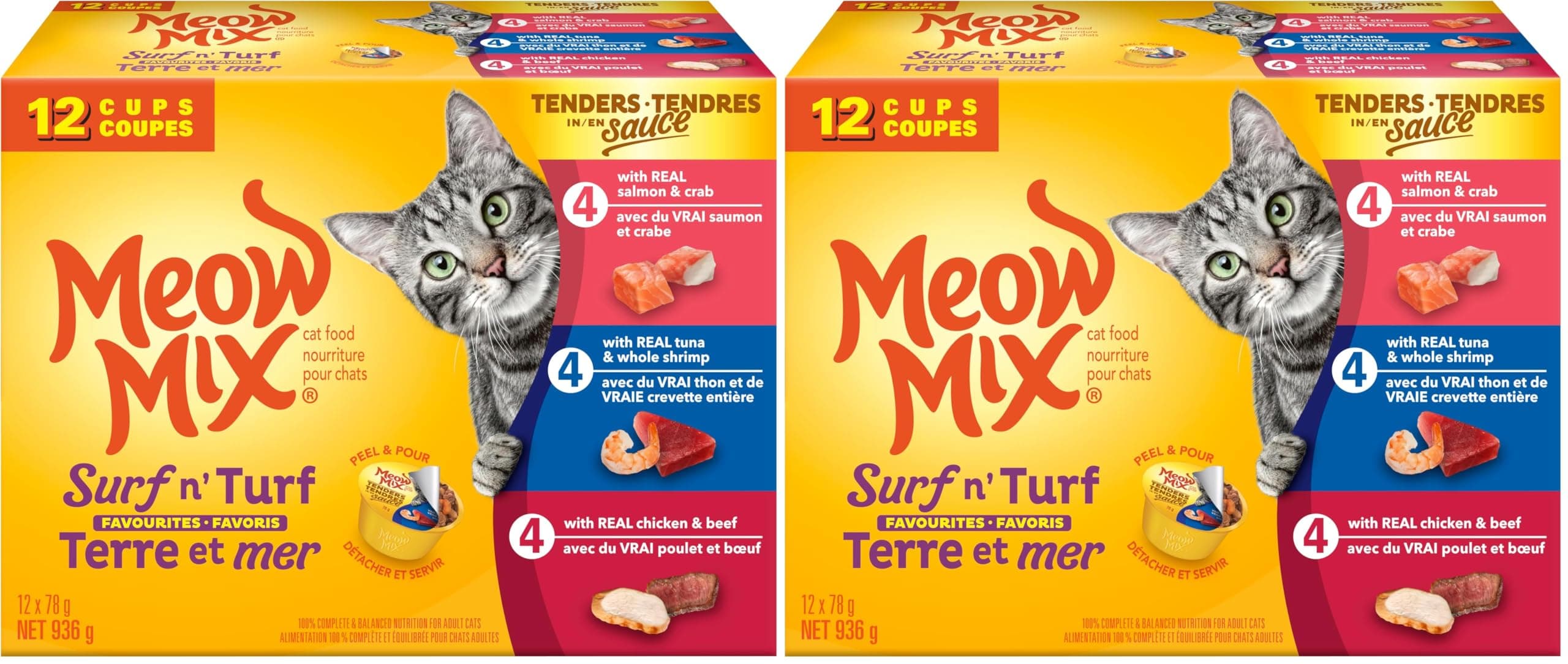 Meow Mix Tenders in Sauce Surf and Turf Favourites Wet Cat Food Variety Pack of Chicken & Beef, Tuna & Salmon, Shrimp & Crab, 78 g (Pack of 24)