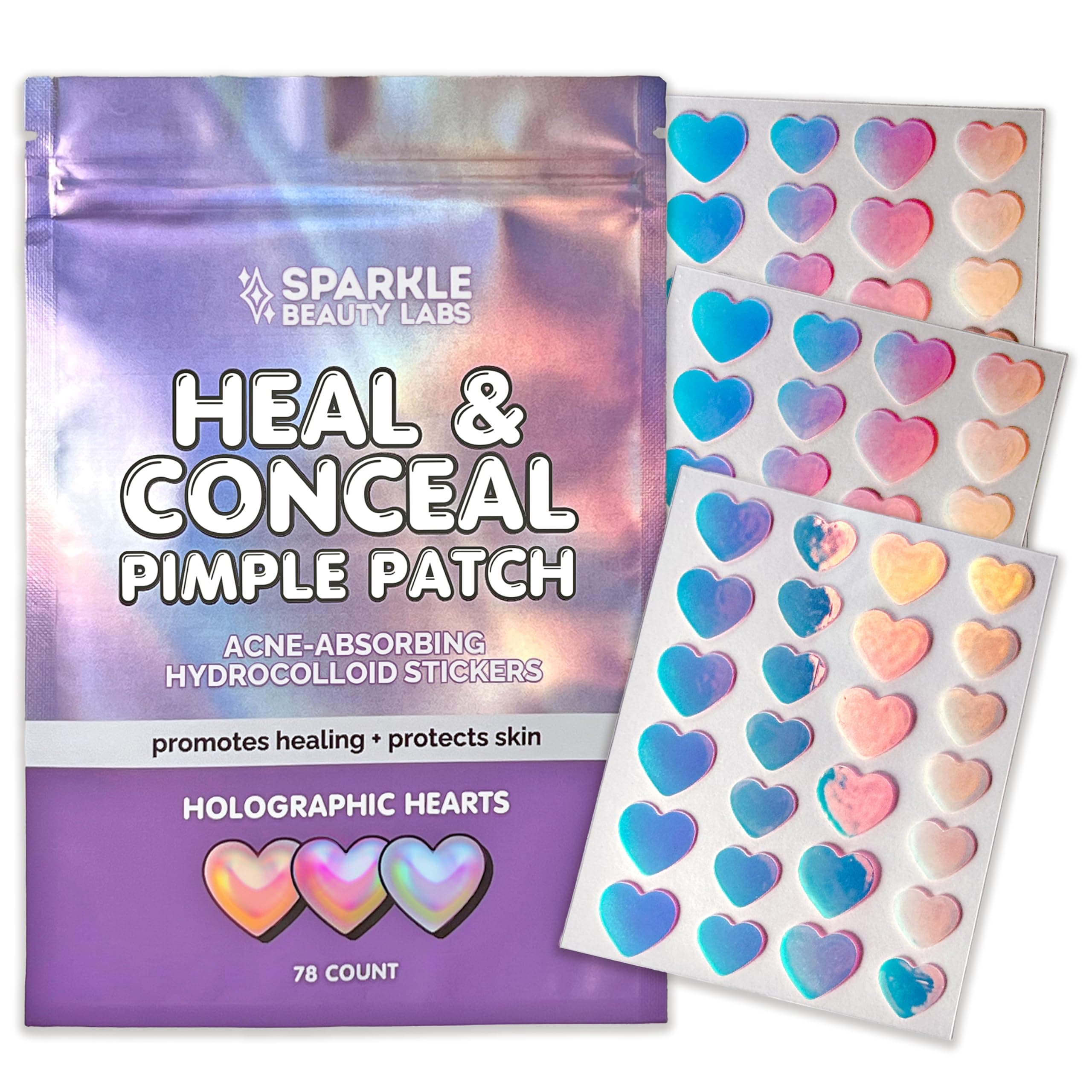 Sparkle Beauty Labs Heal & Conceal Pimple Patch - Cute Holographic Heart Shaped Acne Patches, Fun Hydrocolloid Zit Stickers for Face (Iridescent Hearts, 78 Count)