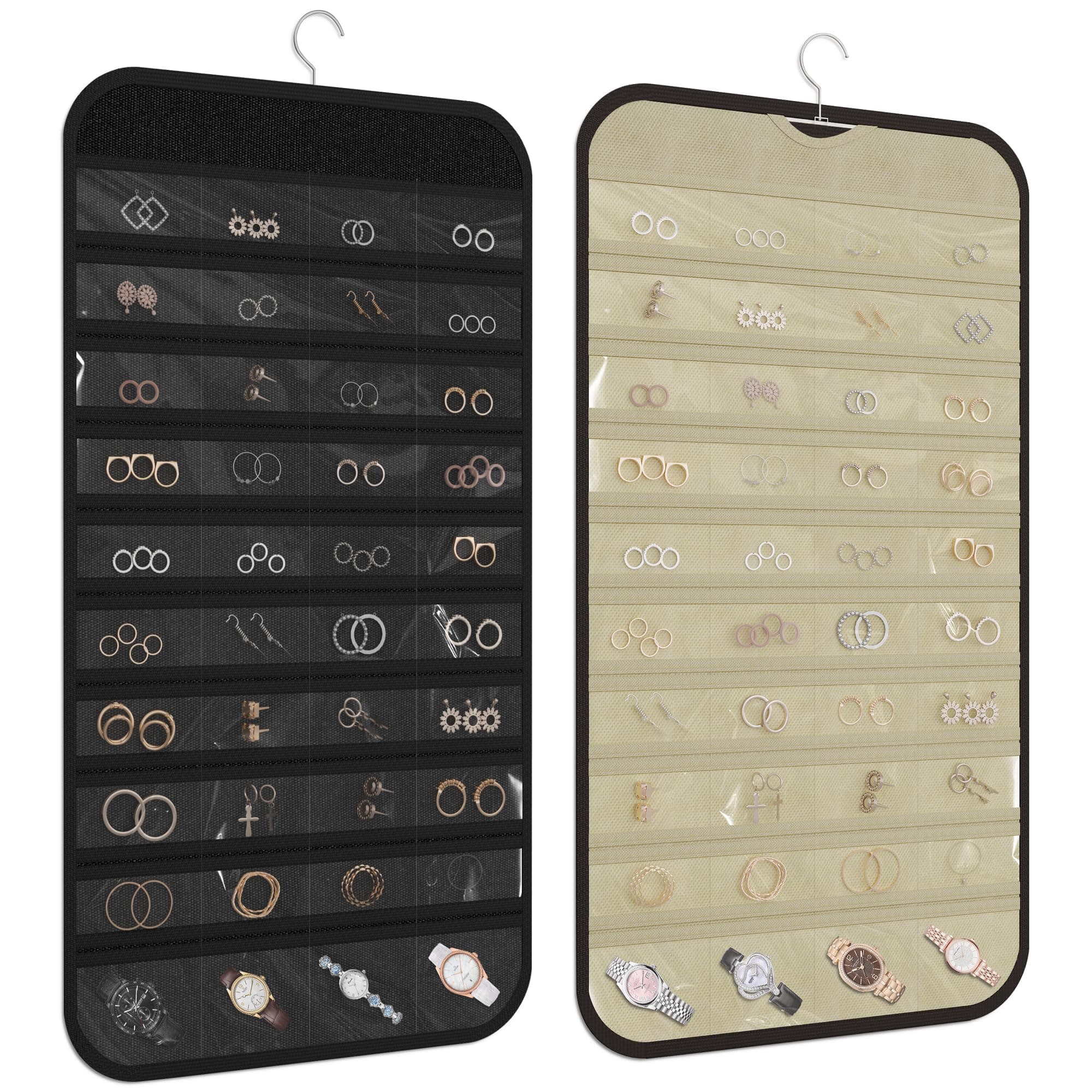 DonYeco 2-Pack Hanging Jewelry Organizer 80-Pocket Dual-sided Jewelry Storage for Earring Necklace Bracelet Ring and more, Black and Beige