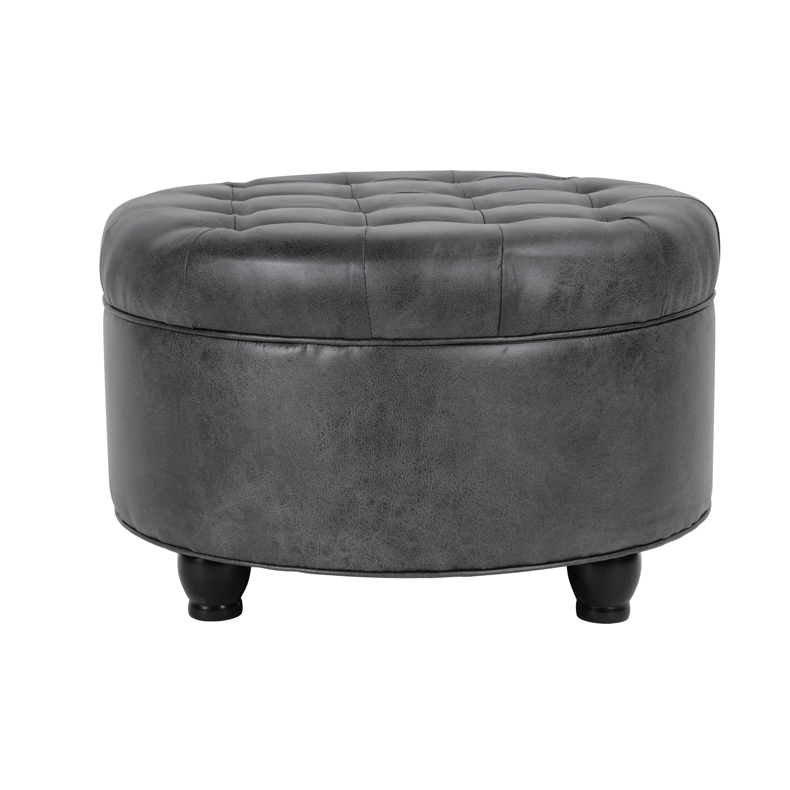 Homepop Home Decor | Large Button Tufted Faux Leather Round Storage Ottoman | Ottoman with Storage for Living Room & Bedroom (Gray)