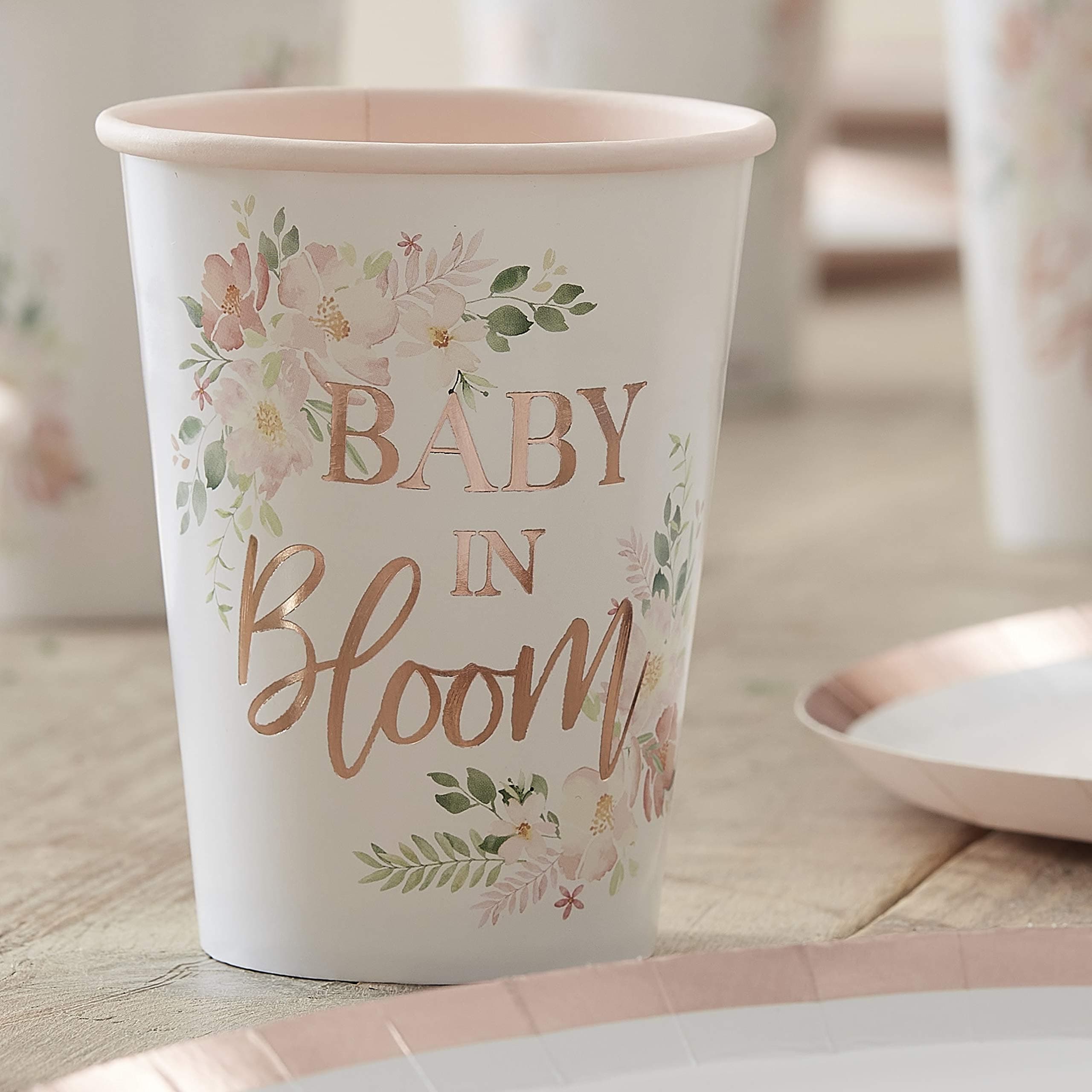 Ginger Ray Rose Gold Floral Baby Shower Cups, 8 per Pack