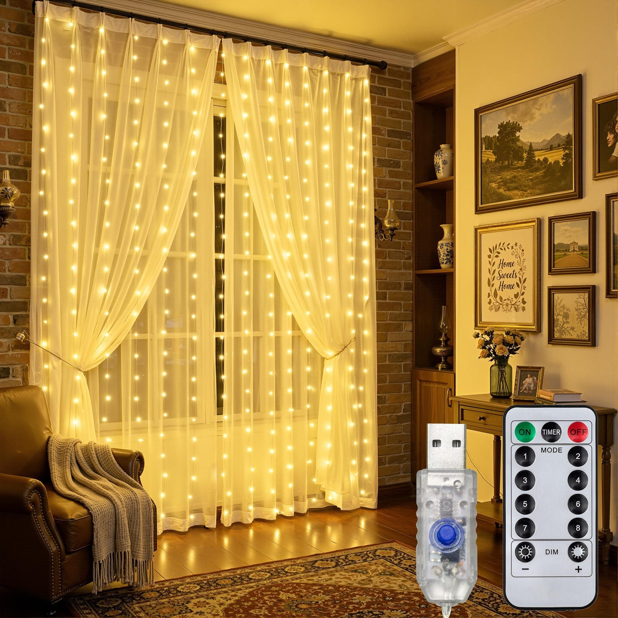 200 LED Warm White Curtain String Lights 9.8x6.6FT, Plug in Fairy Lights with 8 Modes Timer IP44 Waterproof, Window Wall Hanging Lights for Bedroom Wedding Party Christmas Indoor Outdoor Decor