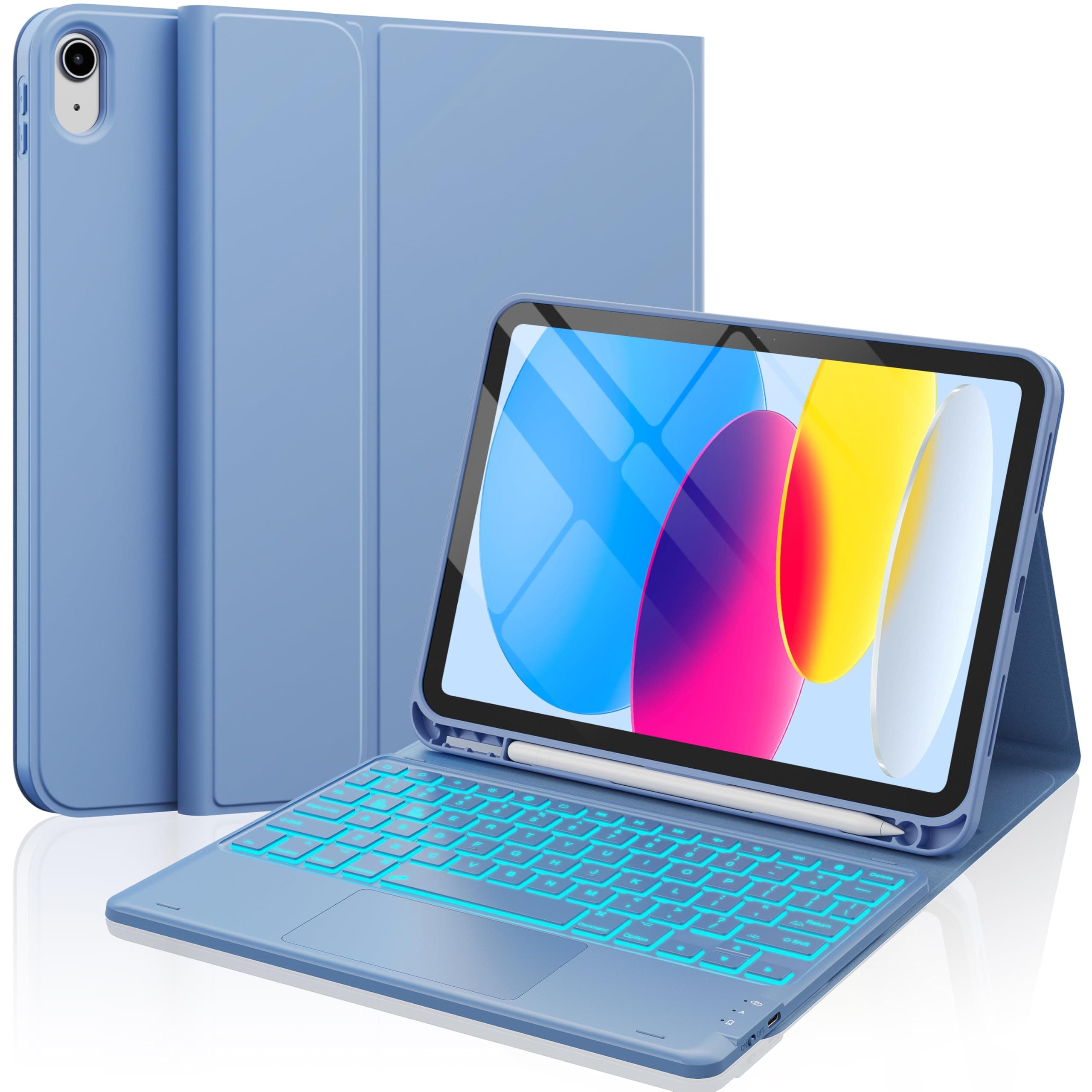 CHESONA for iPad 10th Generation Case with Keyboard, 2 Wireless Channels for iPad (A16) 11th/10th Gen (2025/2022), Backlight, Flip Stand Case with Pencil Holder, Multi-Touch Trackpad, Blue Gray