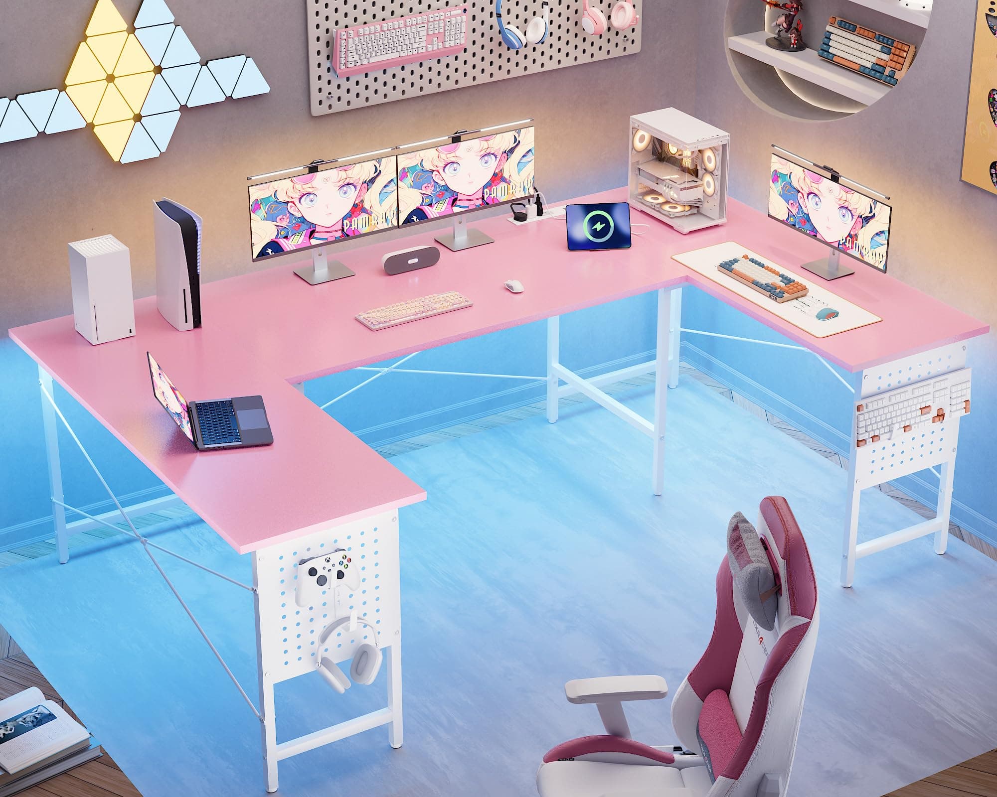 Pamray 71 Inch Large Computer Desk with Power Outlets,U Shaped Corner Desk for Home Office Work and Gaming Pink