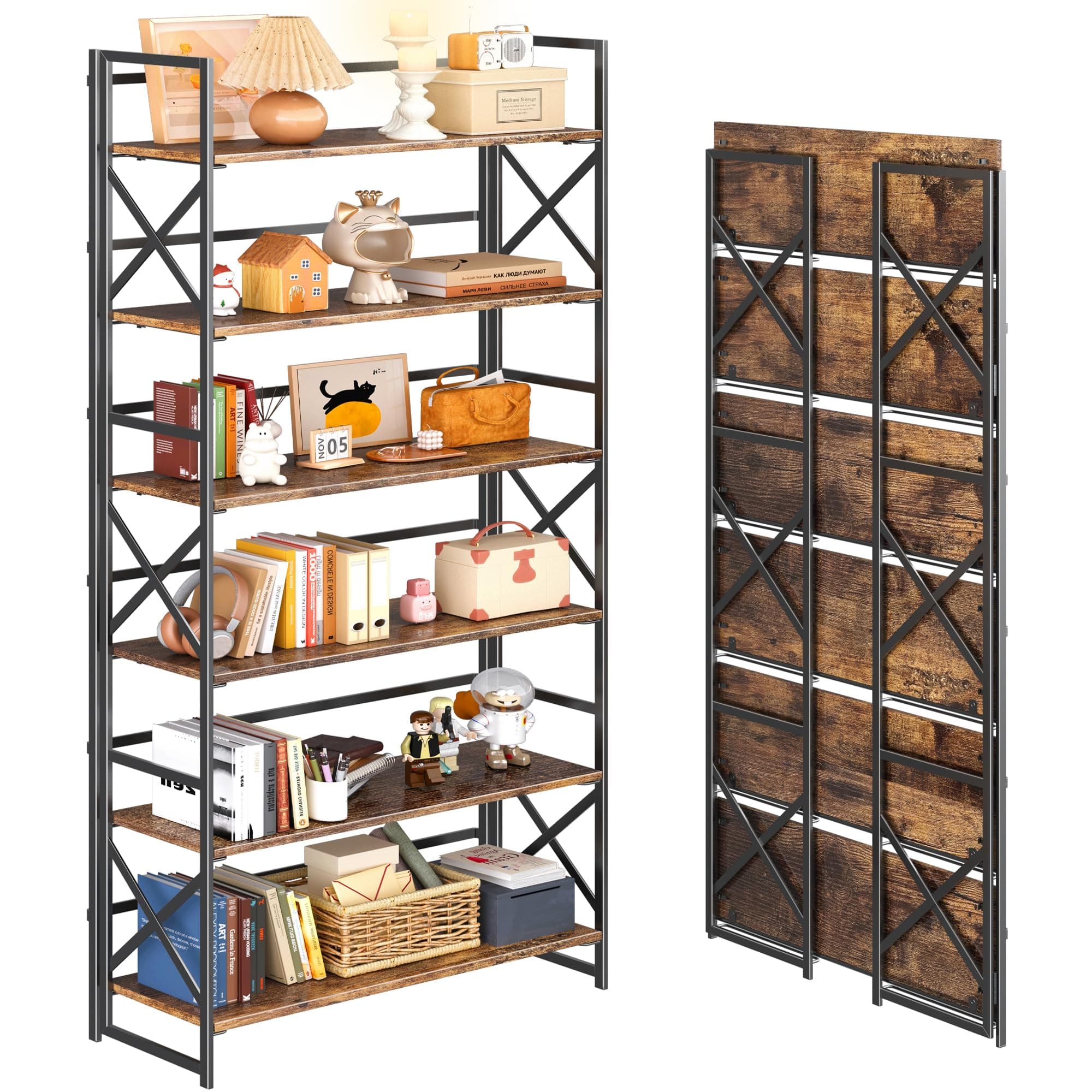 4NM Extra Wide 6 Tiers No Assembly Book Shelves, Black Folding Bookshelf Bookcase Open Industrial Foldable Shelves for Bedroom, Living Room, Home Office - Rustic Brown
