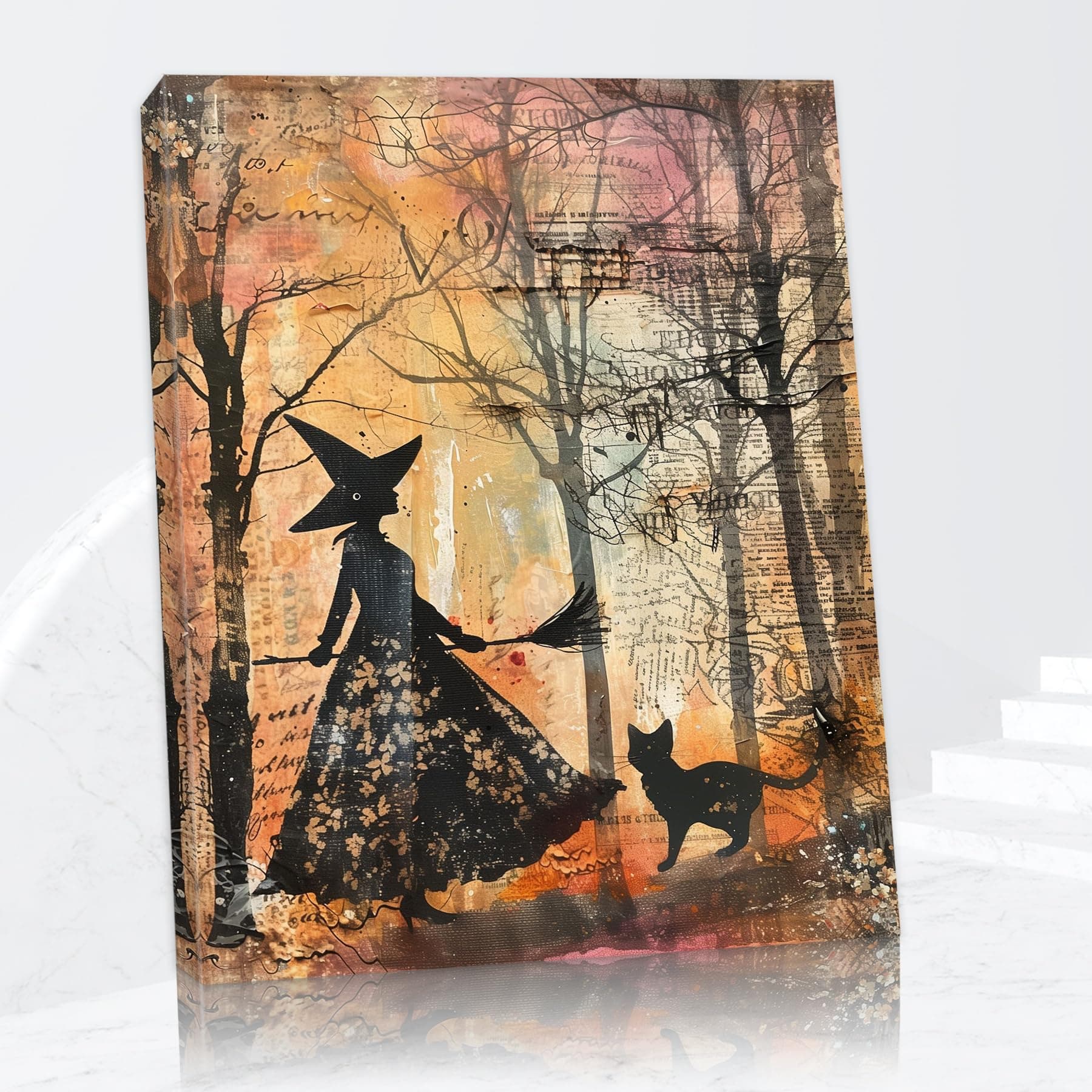 Vintage Halloween Witch Wall Art, Black Witch and Black Cat Canvas Art Prints for Room Decor, Dark Gothic Spooky Woods Painting Framed Artwork, Halloween Poster Pictures for Bedroom Wall Decor 18"x24"