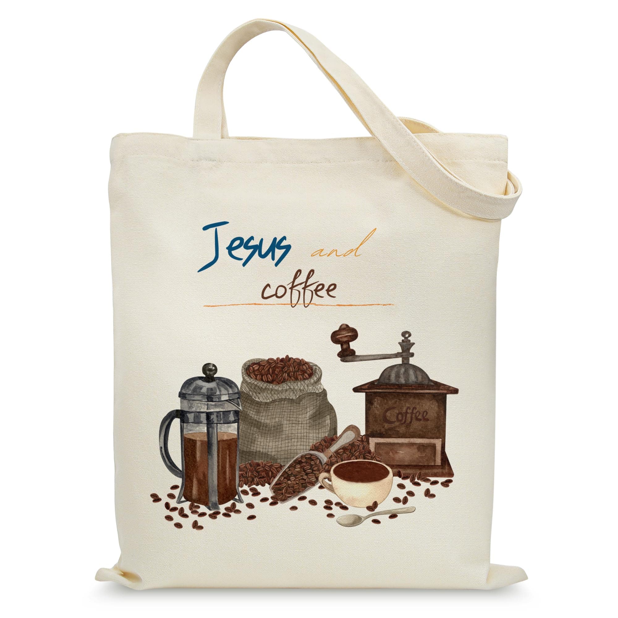 KONSOM Aesthetic Tote Bag for Women with Inner Pocket, Canvas Cotton Shopping Bag for Girl Sister Daughter Mom Friend Teacher, Jesus and Coffee, 13.8' x 15.7' 0.3'