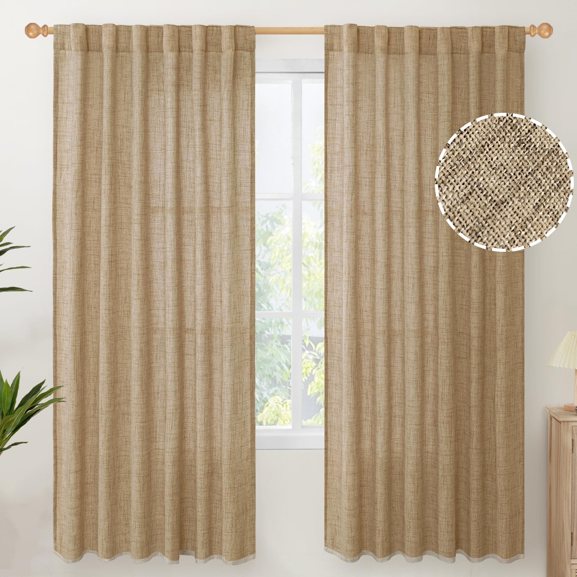 YoungsTex Burlap Linen Semi Sheer Curtains 72 Inch Length for Living Room, Semi Sheer Window Treatments Light Filtering with Rod Pocket Back Tab for Farmhouse Bedroom, Toffee, 2 Panel, 52 X 72 Inch