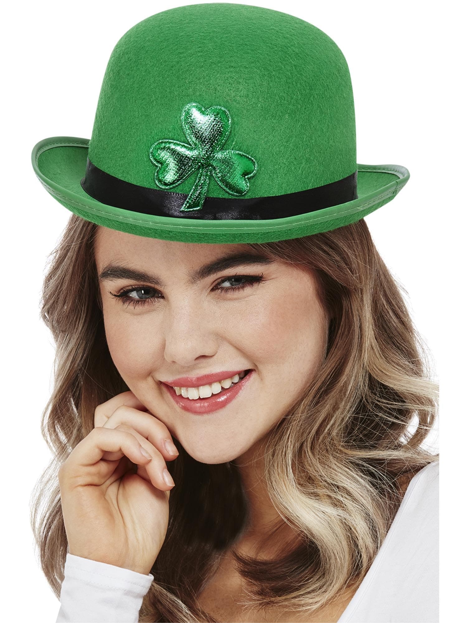 Smiffys Paddy's Day Bowler Hat, Felt with Shamrock Motif, St Patricks' Day Fancy Dress, Adult Dress Up Hats