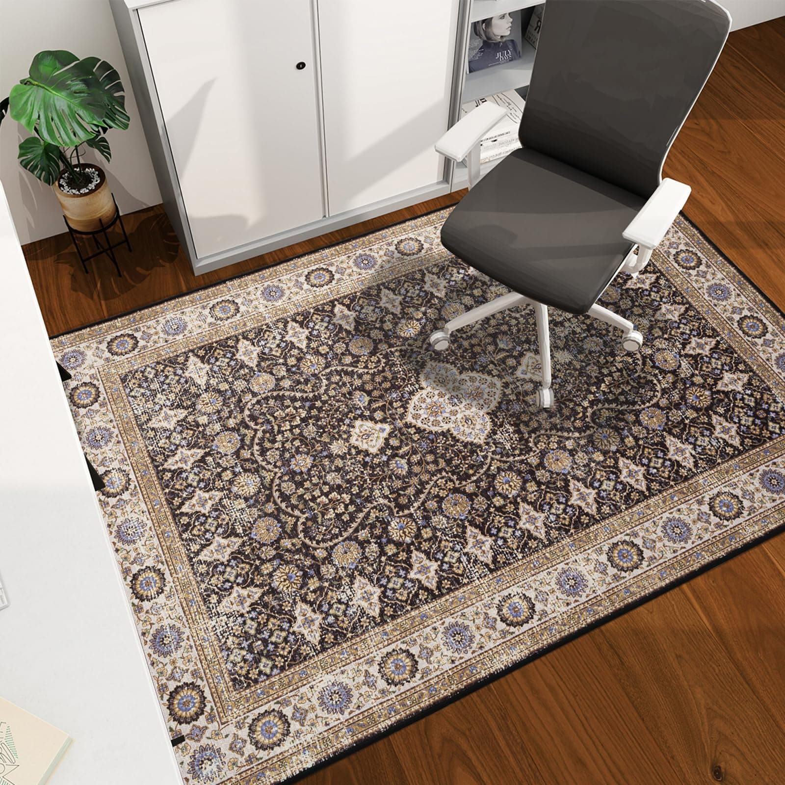 Office Chair Mat for Hardwood Floor, 60"x45" Desk Chair Mat for Hardwood Floor, Easy Glide Computer Chair Mat Protector for Rolling Chair Under Desk Rug Nonslip Backing, Boho Chair Mat