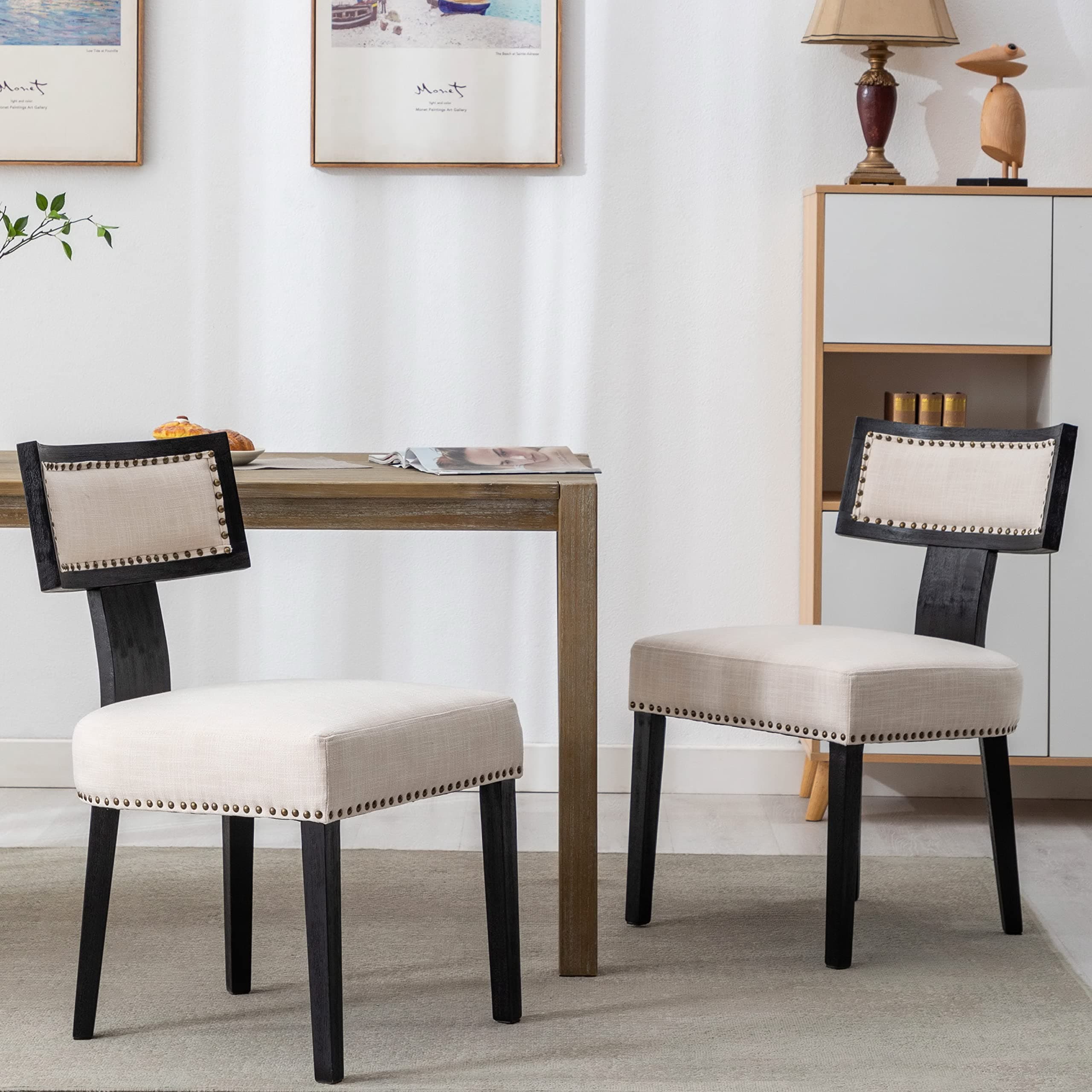 RIVOVA Mid Century Modern Dining Chairs Set of 2 Linen Fabric Upholstered Kitchen Side Chairs with Nailhead Trim, Modern Kitchen Armless Solid Wood Dining Chairs, Beige