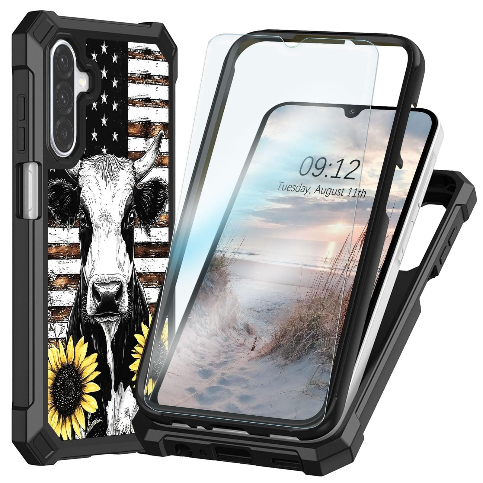 for Samsung Galaxy A36-5G Case with Screen Protector, Military-Grade Shockproof Full Body Protection, Silicone Bumper & Hard PC Back for Samsung A36 5G, Cow Sunflower