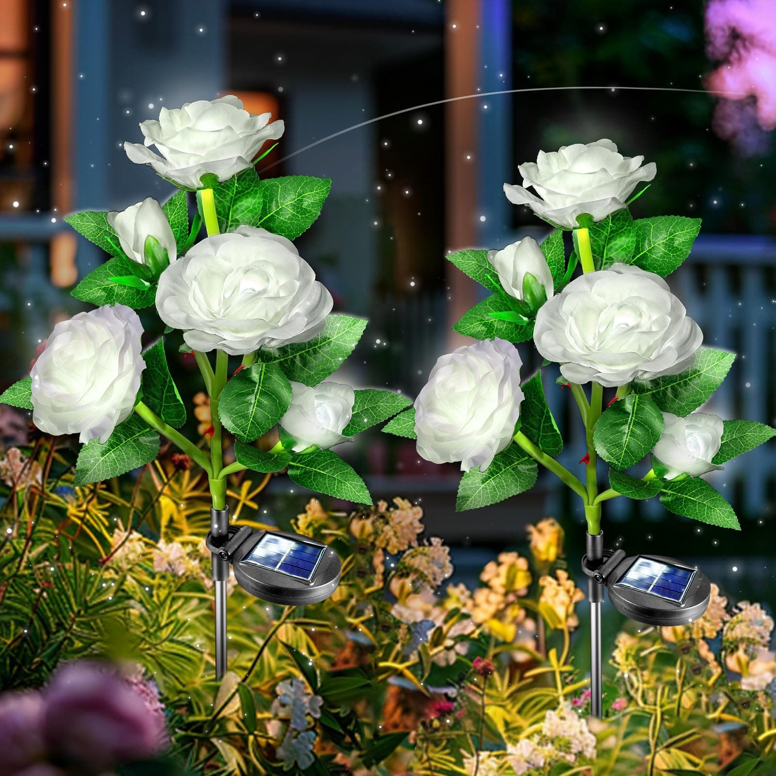 DLAOUM Solar Garden Lights Outdoor: 5 Waterproof Realistic Artificial White Rose Flower - Cemetery Memorial Decorations for Grave - Gardening Gifts for Homeowner Friend