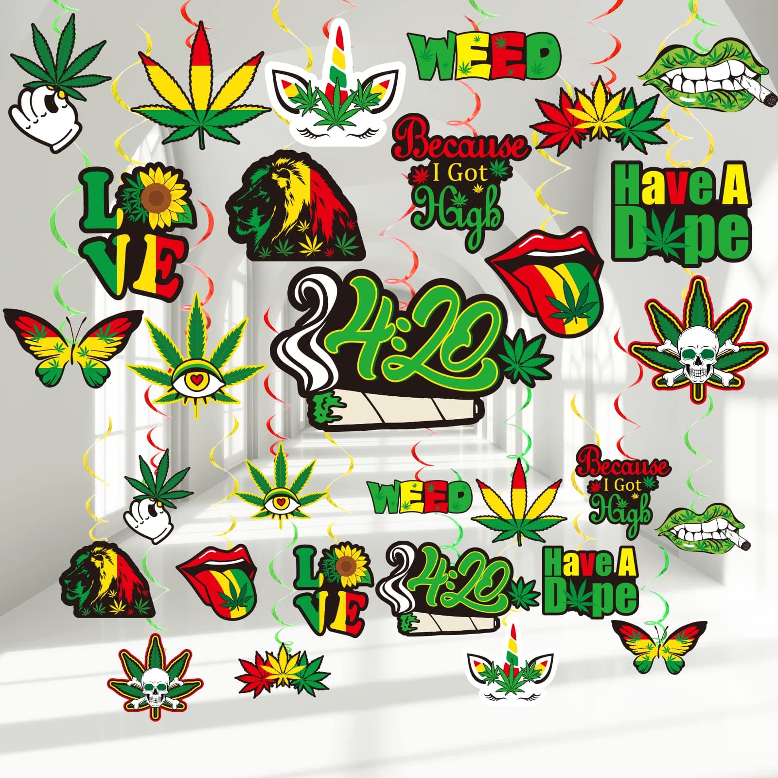 60 Pcs Weed Themed Party Swirl Decorations Weed 420 Party Hanging Spiral Supplies Whirl Streamers Green Leaves Ceiling Psychedelic Spiral Streamers Favors for Birthday Party Adults Weed Room Decor