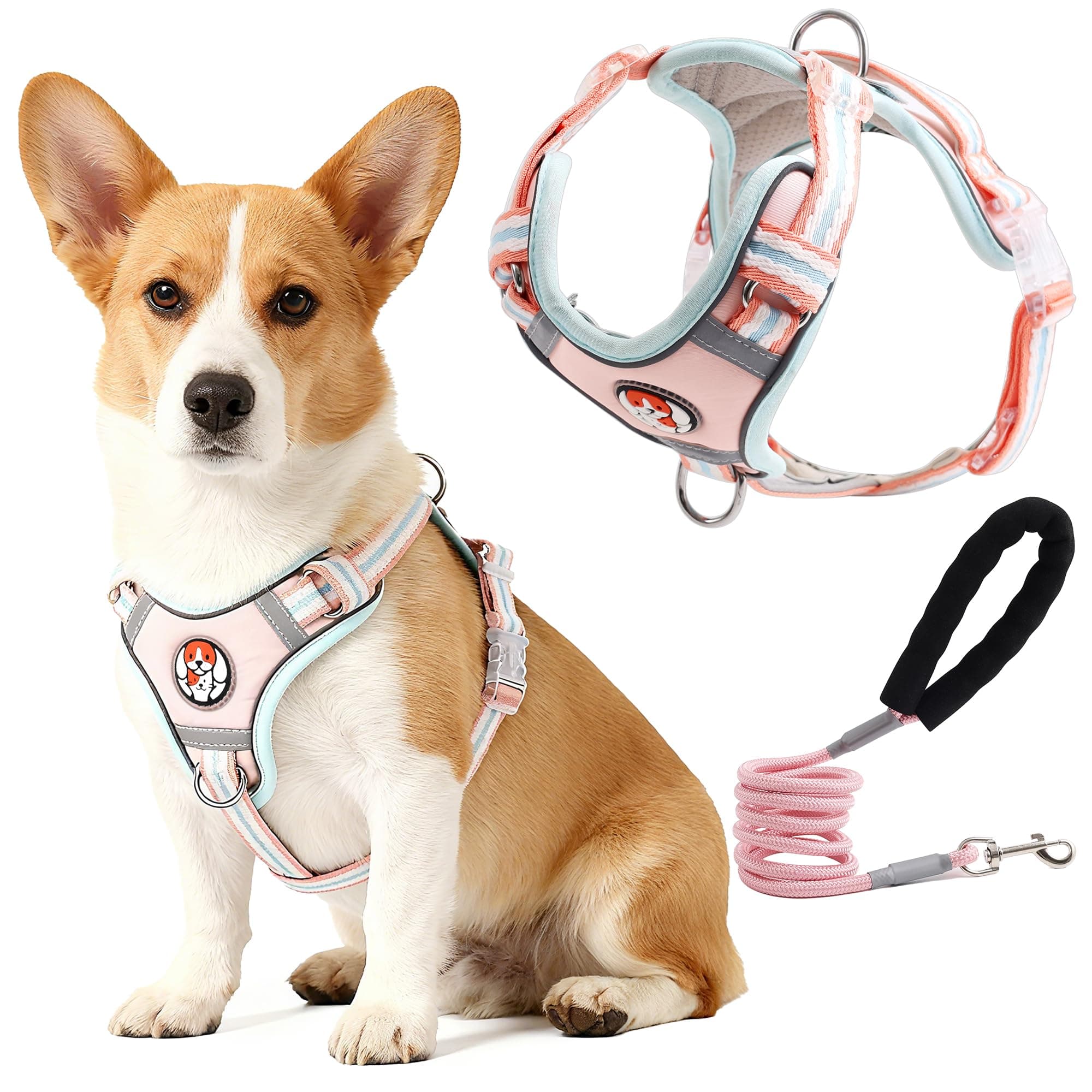 Reflective Dog Harness and Leash Set for Small and Medium Breed Dog with Control Handle for Walking Training Hiking, Pet Harness with 2 Metal Rings (Pink, L)