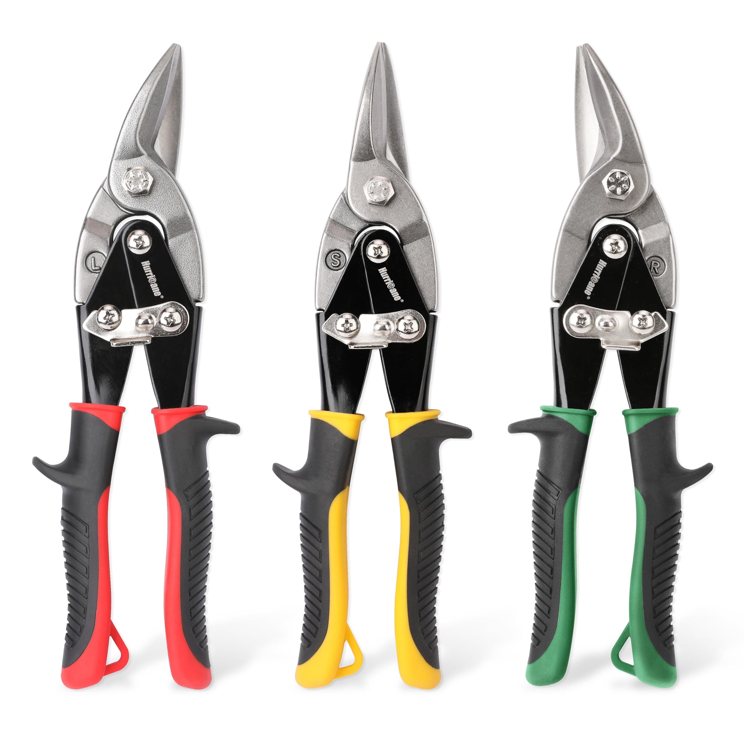 Hurricane 3 pc Aviation Tin Snips Set, 10 Inch Metal Shears for Straight, Left & Right Curves, Cr-V Steel Blades, Non-Slip TyreGrip Handle, Safety Latch, for Sheet Metal, Gutter, HVAC, DIY