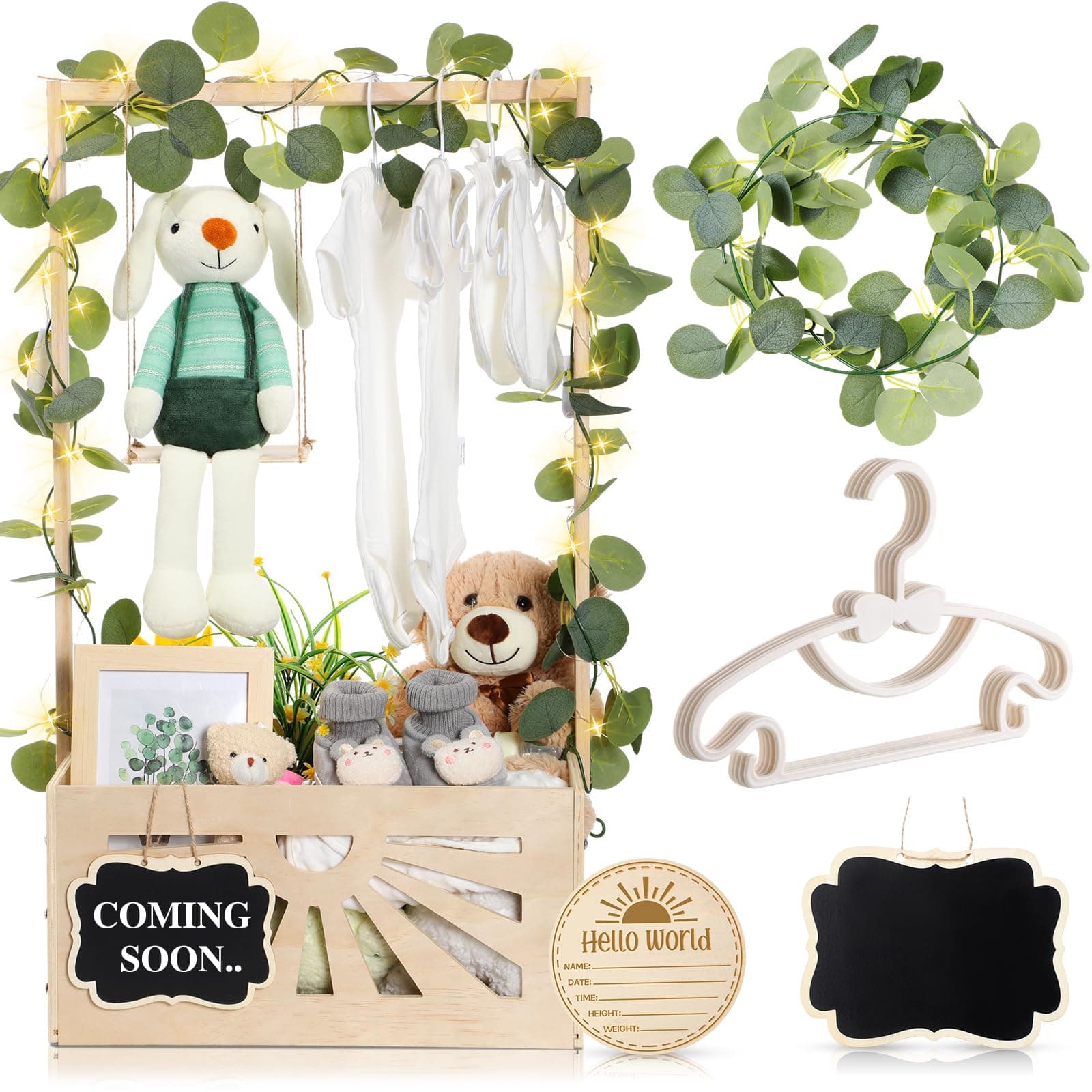 Yousoontic Wooden Baby Shower Crate Closet Baby Gift Basket with Adjustable Handle and Garland Hanger Announcement Chalkboard Sign Basket for Pregnancy New Parent