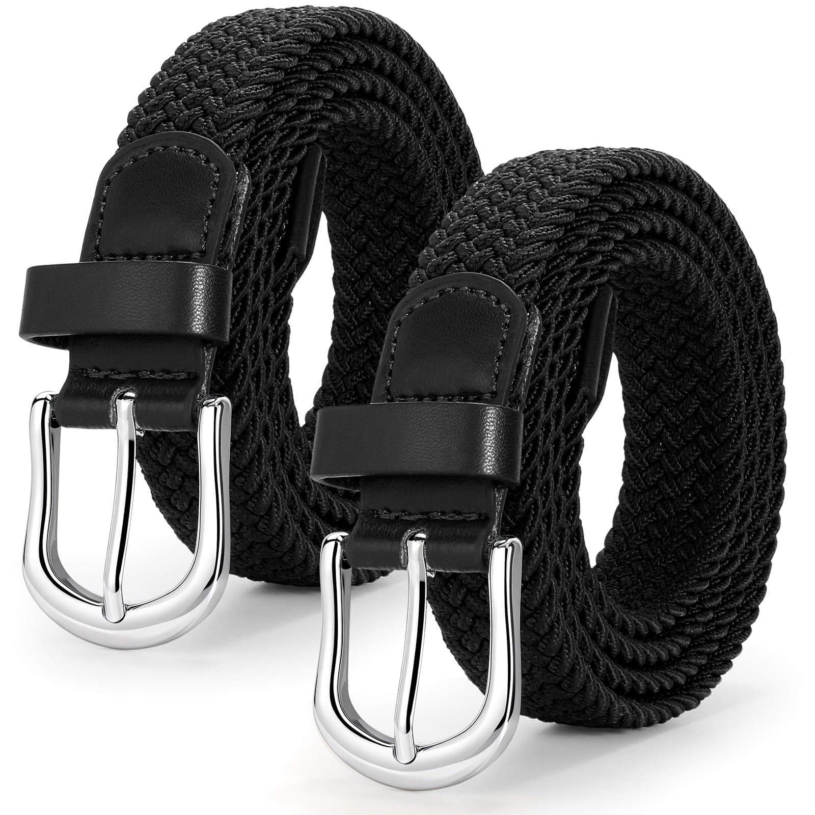 JASGOOD 2 Pack Ladies Braided Elastic Belts Casual Women Elasticated Canvas Woven Belts for Jeans Pants 1 Inch Wide Black+Black S