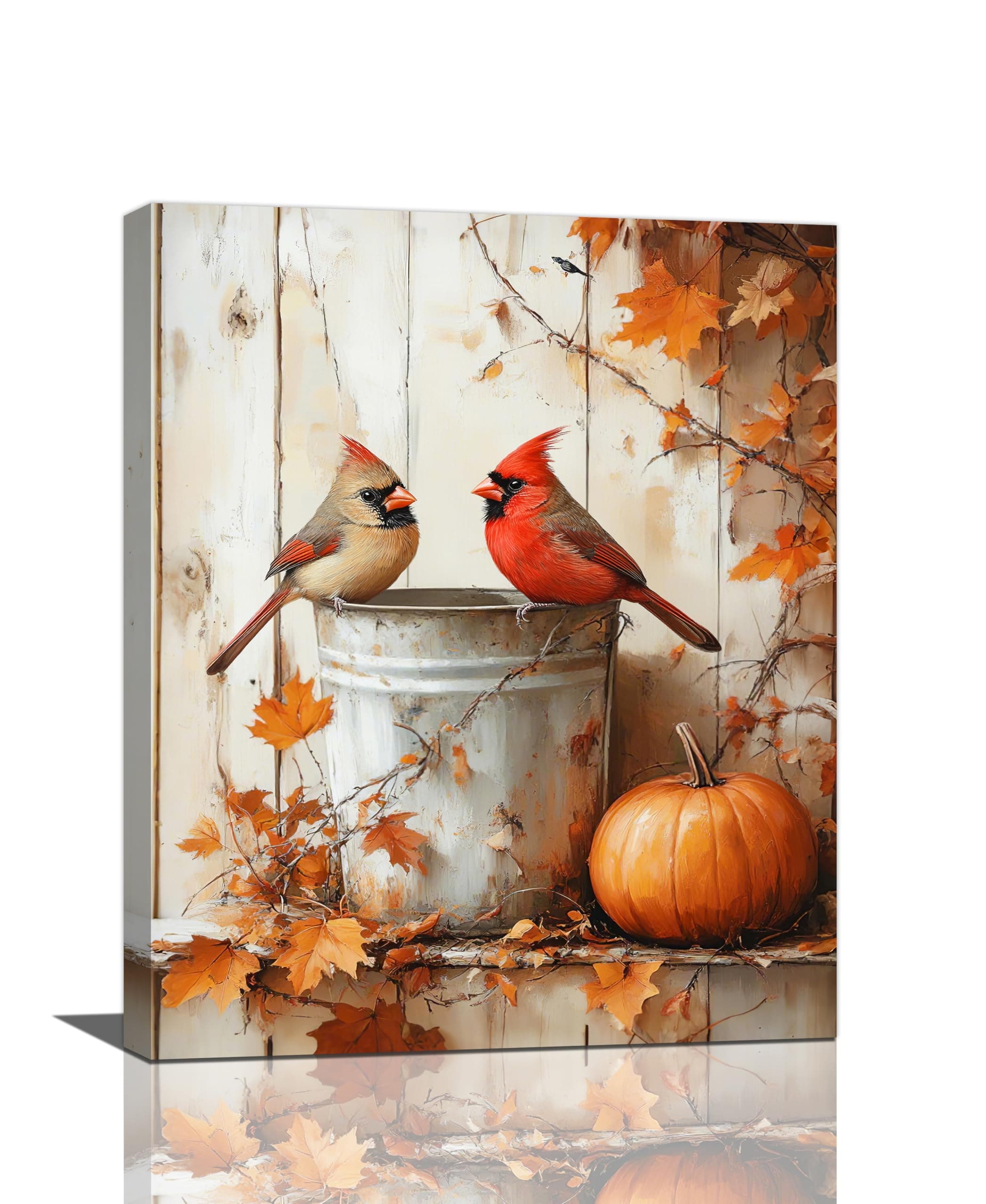 Fall Cardinal Wall Art Autumn Pumpkin Leaf Pictures Wall Decor Cardinals Canvas Painting Modern Artwork Home Decoration for Living Room Bathroom Bedroom Office Framed 16"x20"
