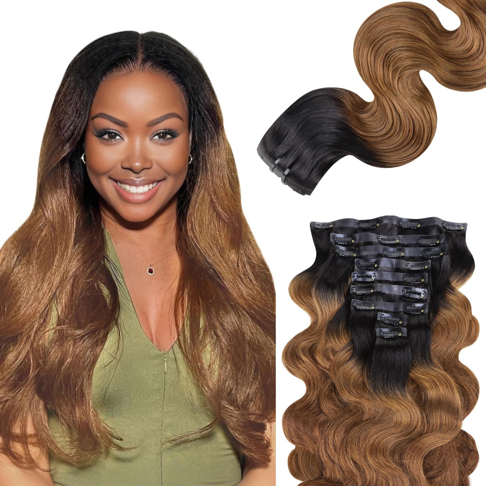Lashey Seamless Clip in Hair Extensions Human Hair 150g 9pcs 20 Inch Body Wave Ombre Natural Black to Medium Auburn Clip in Hair Extensions for Women