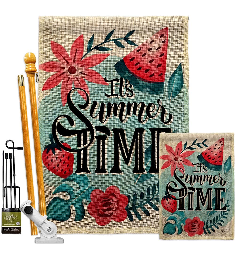 Angeleno Heritage It's Summer Burlap Garden House Flag Kit Fun in The Sun Beach Pool Luau Tropical Party Season Outdoor Summertime Sunny Decoration Banner Small Yard Gift Double-Sided, Made In USA