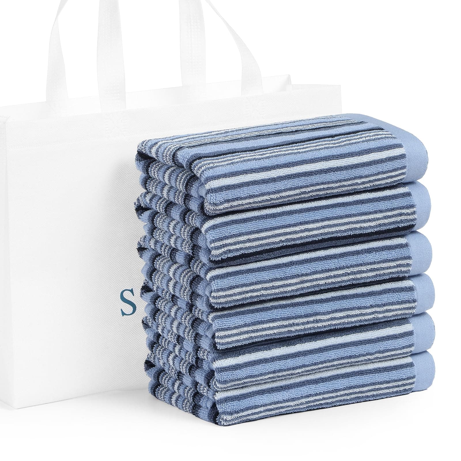 SALAS Premium Kitchen Dish Towels for Drying Dishes, Large Cotton Kitchen Towels, Stripped Terry Dish Cloths, Thick Highly Absorbent Towel Sets with Hanging Loop, 16" X 26", 6 Packs Blue