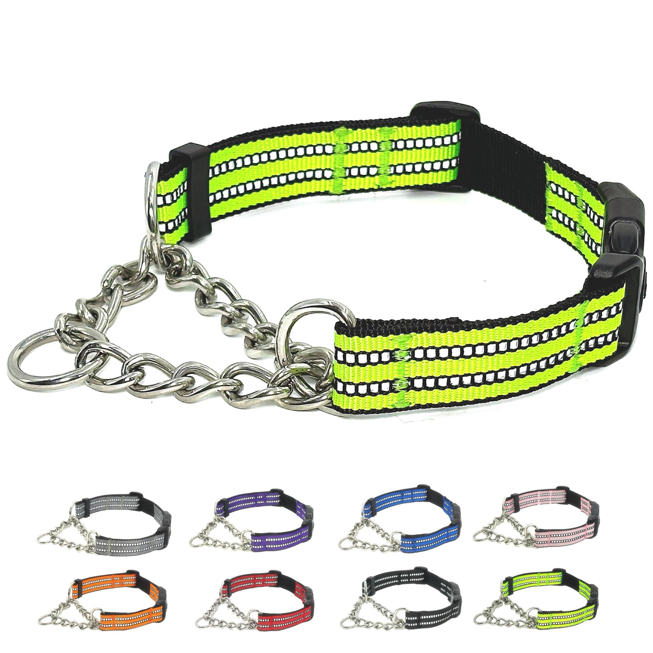 QICHENMAO Martingale Collars for Dogs, Heavy Duty Stainless Steel Chain Training Collar, Reflective Nylon Adjustable Collar with Quick Release Buckle, Suitable for Puppy Medium Large Dogs (Green, M)