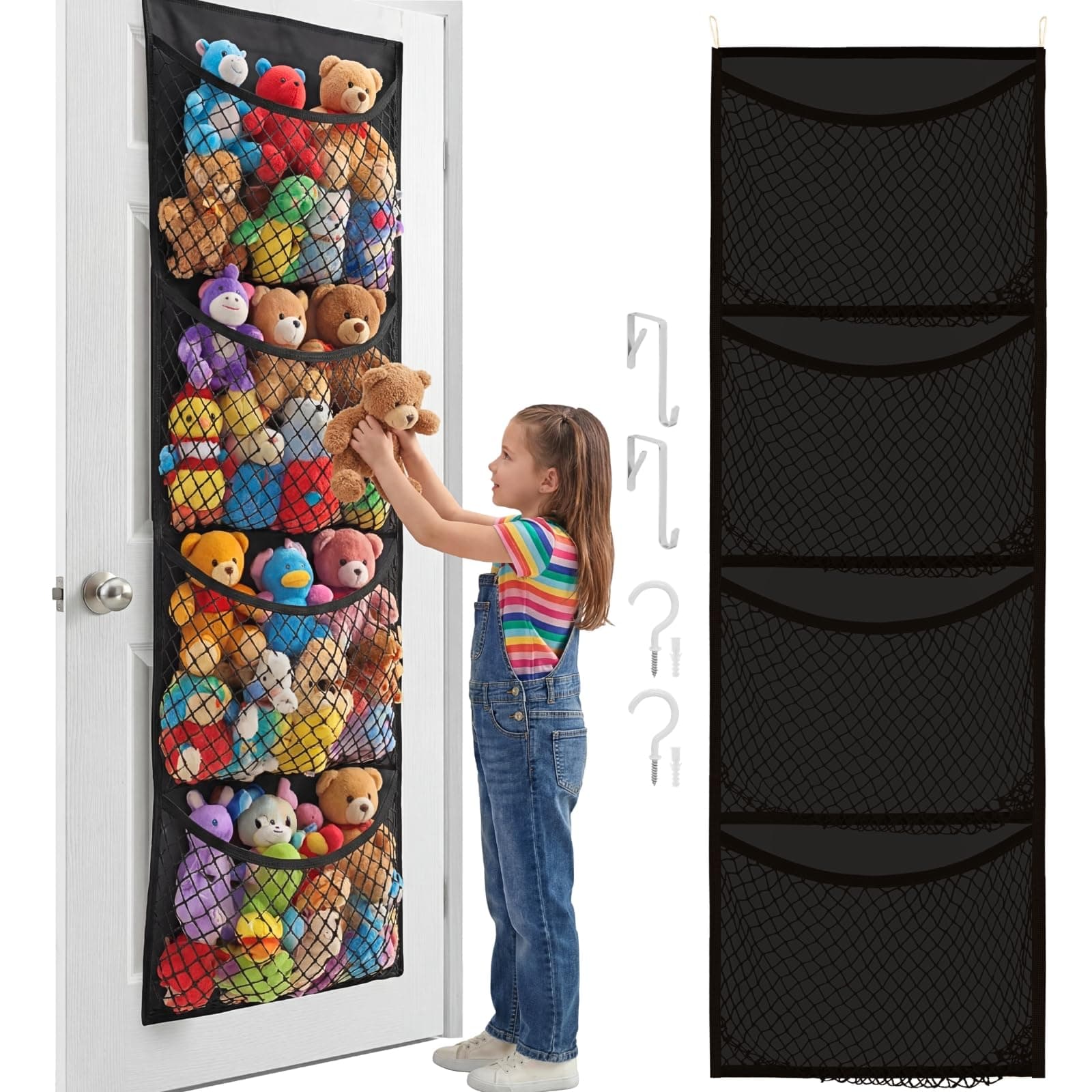 Over The Door Stuffed Animal Storage, Cotton Toy Organizer for Storage Plush Toys,Baby Supplies, Stuffed Animal Holder with 4 Large Pockets, Hanging Door Organizer for Nursery, Bedroom (Black)