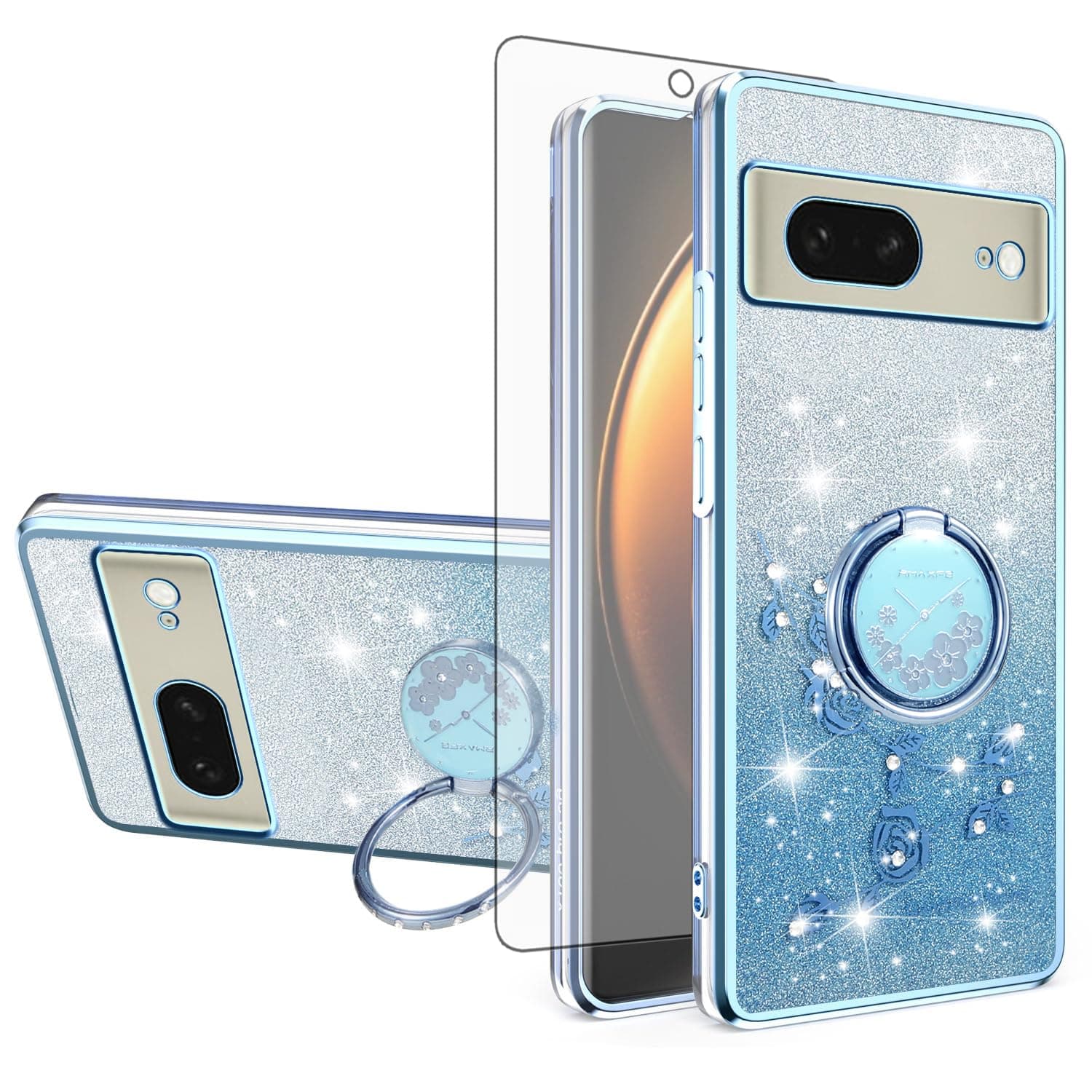 Asuwish Phone Case for Google Pixel 8 5G with Tempered Glass Screen Protector Ring Holder Bling Glitter Clear Hybrid Shockproof TPU Protective Transparent Cell Cover Pixel8 Eight Women Girls Blue