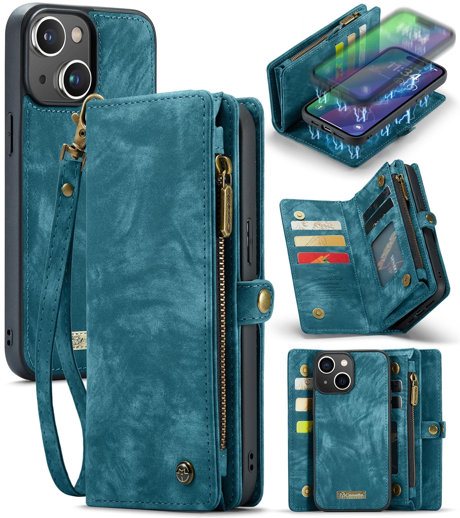 Kowauri Wallet Case for iPhone 15 Plus, Zipper Purse Folio Leather Wallet with Card Holder Wrist Strap Detachable Magnetic Shockproof Protective Back Case for iPhone 15 Plus (6.7 inch), Blue