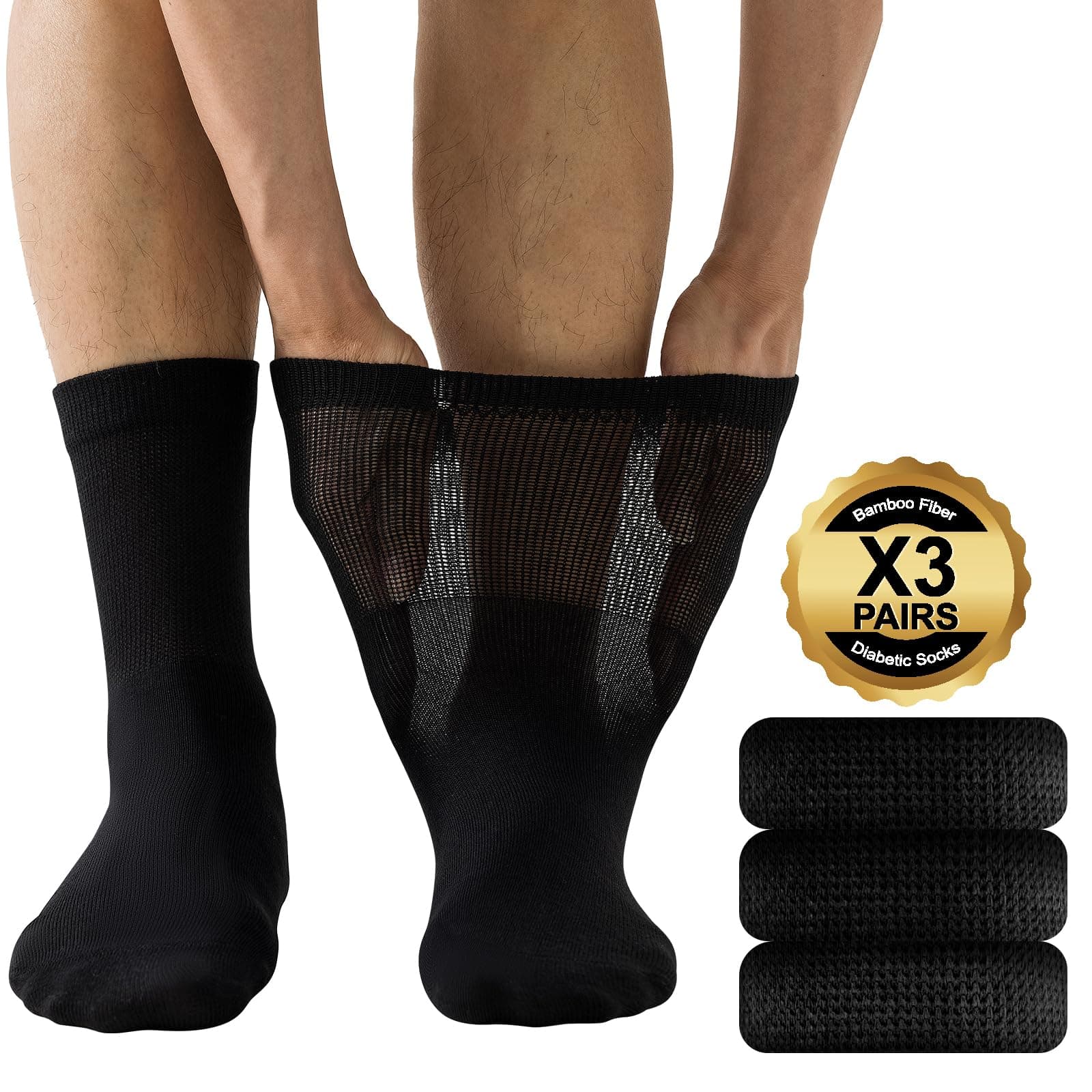 Niorasen Mens Extra Wide Loose Diabetic Socks, 3 Pairs Bamboo for Swollen Feet & Legs, Elastic Soft Top Breathable Seamless