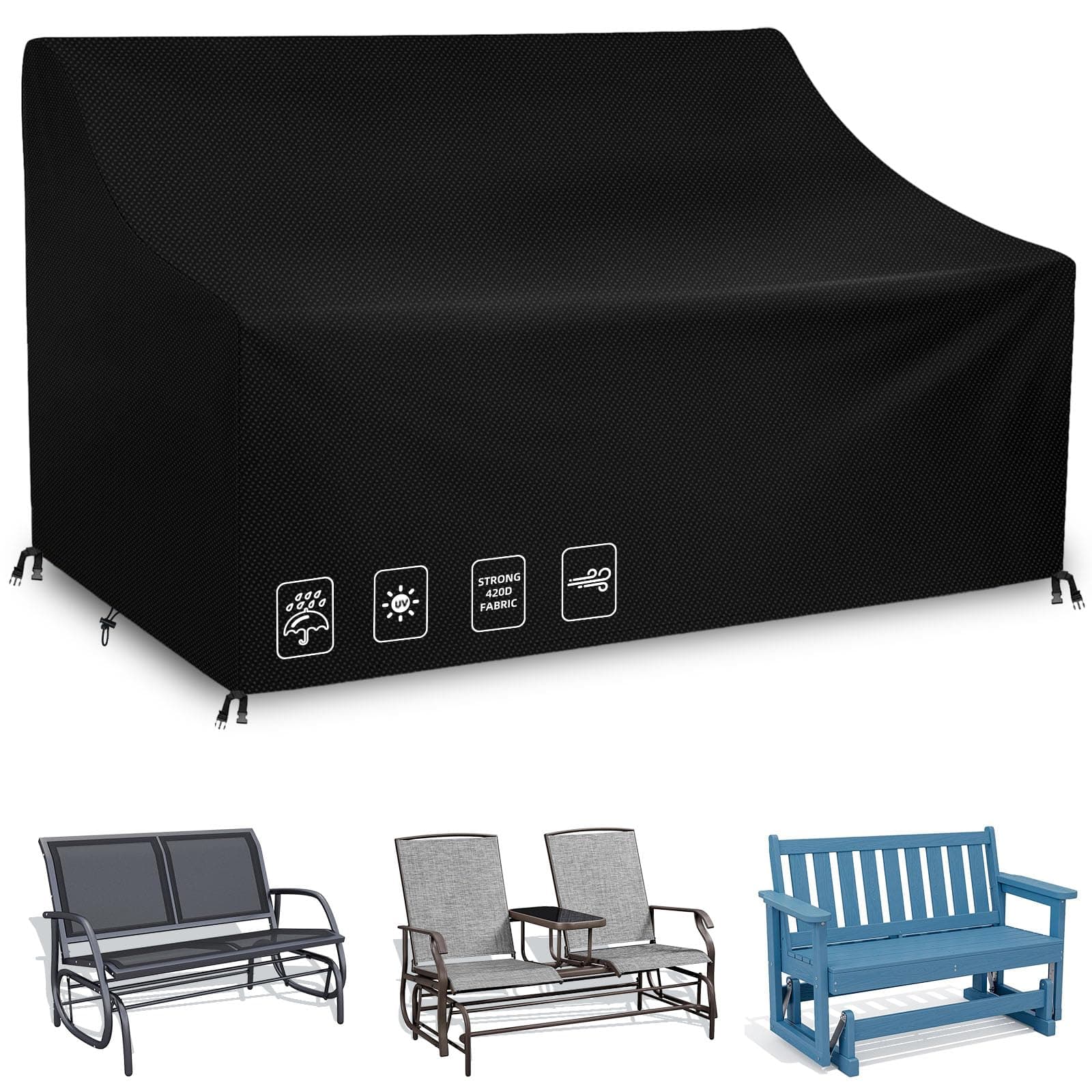 Outdoor Glider Bench Cover with Buckle, Waterproof 2-Person Patio Rocking Chair for Adirondack Double Bench, 420D Heavy Duty Oxford Fabric, Wind-Proof/Anti-UV (Black,44*30*35/24)