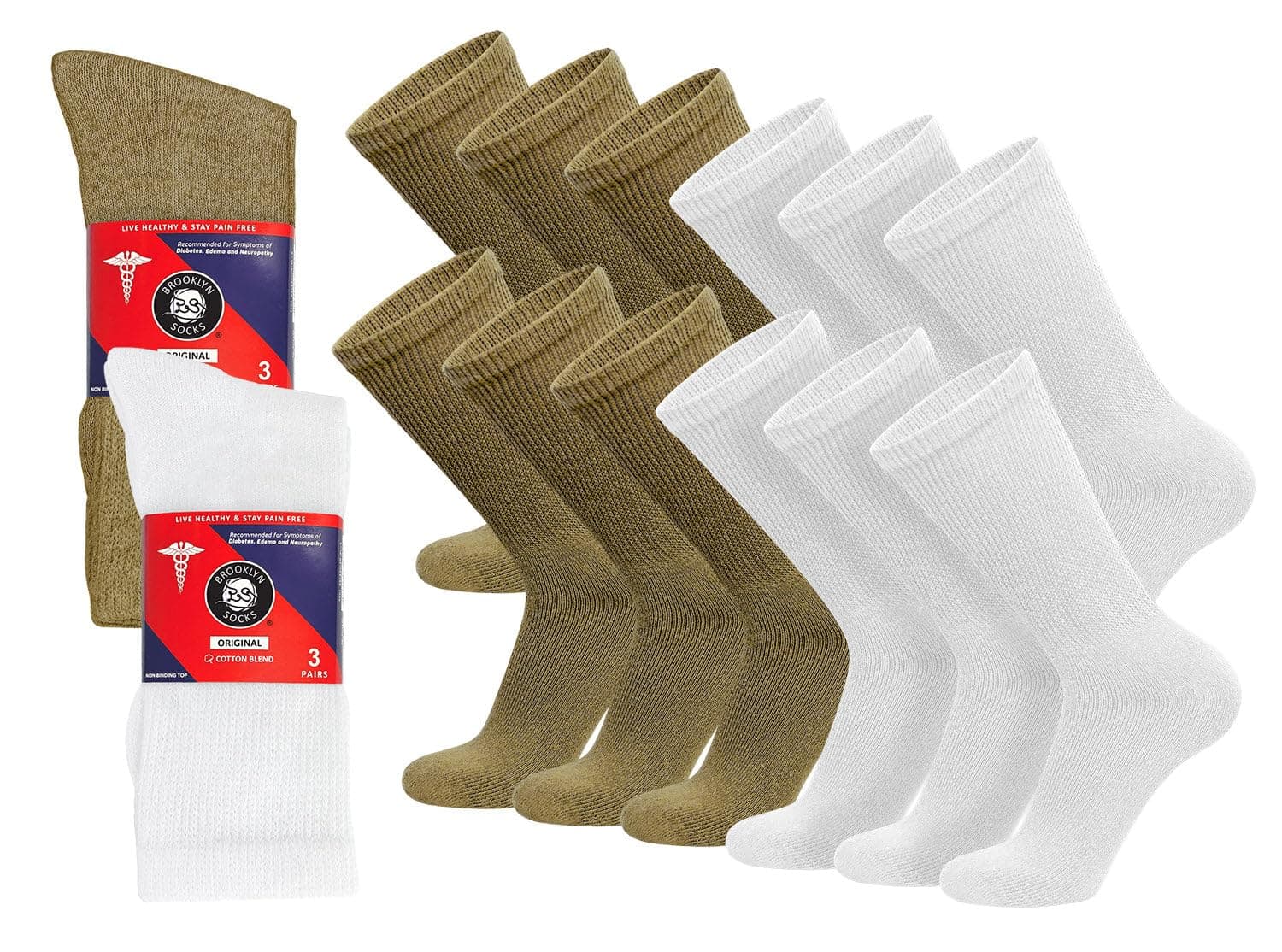 12 Pairs of Cotton Diabetic Non-Binding Neuropathy Crew Socks (Multicolored), White/Khaki, 13-16