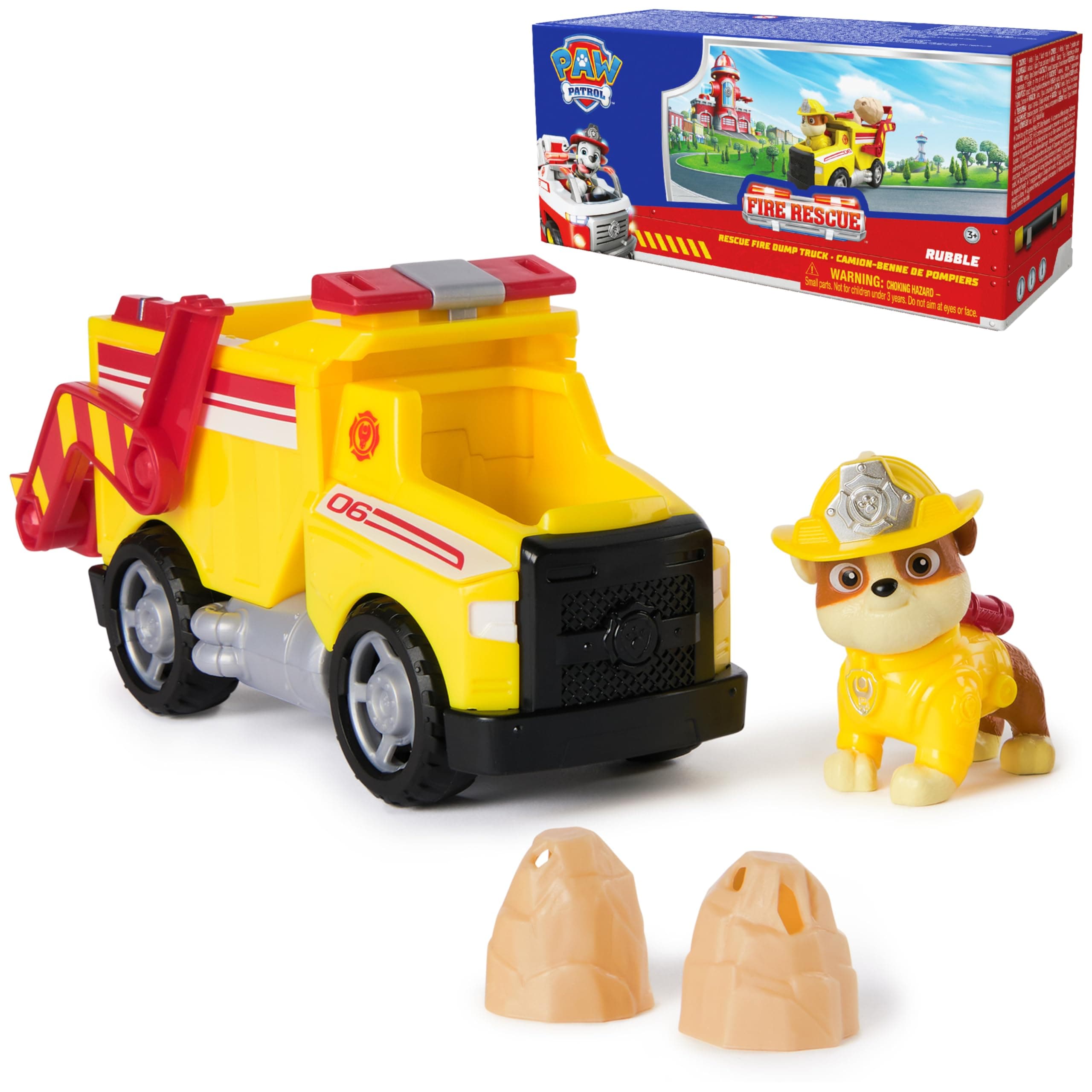 PAW Patrol Fire Rescue: Rubble Rescue Fire Dump Truck with Action Figure, Projectiles, and Toy Truck, Kids Toys for Boys & Girls Ages 3 and Up