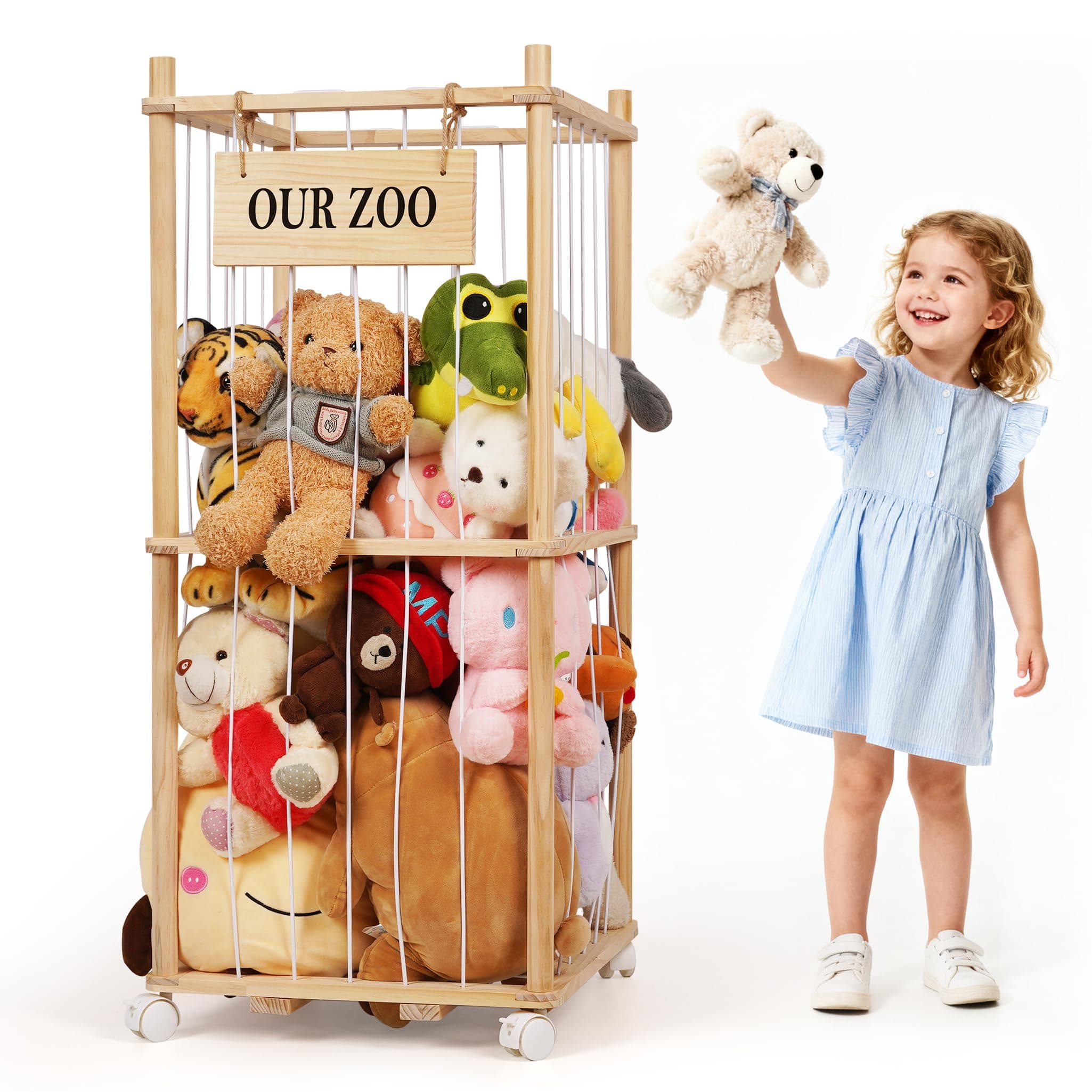Edudif Stuffed Animal Storage Zoo, Wooden Stuffed Animal Organizer with Removable Wheels & 5-Row Elastic Cords, Space-Saving Plush Toy Storage Holder for Playroom, Bedroom, Nursery