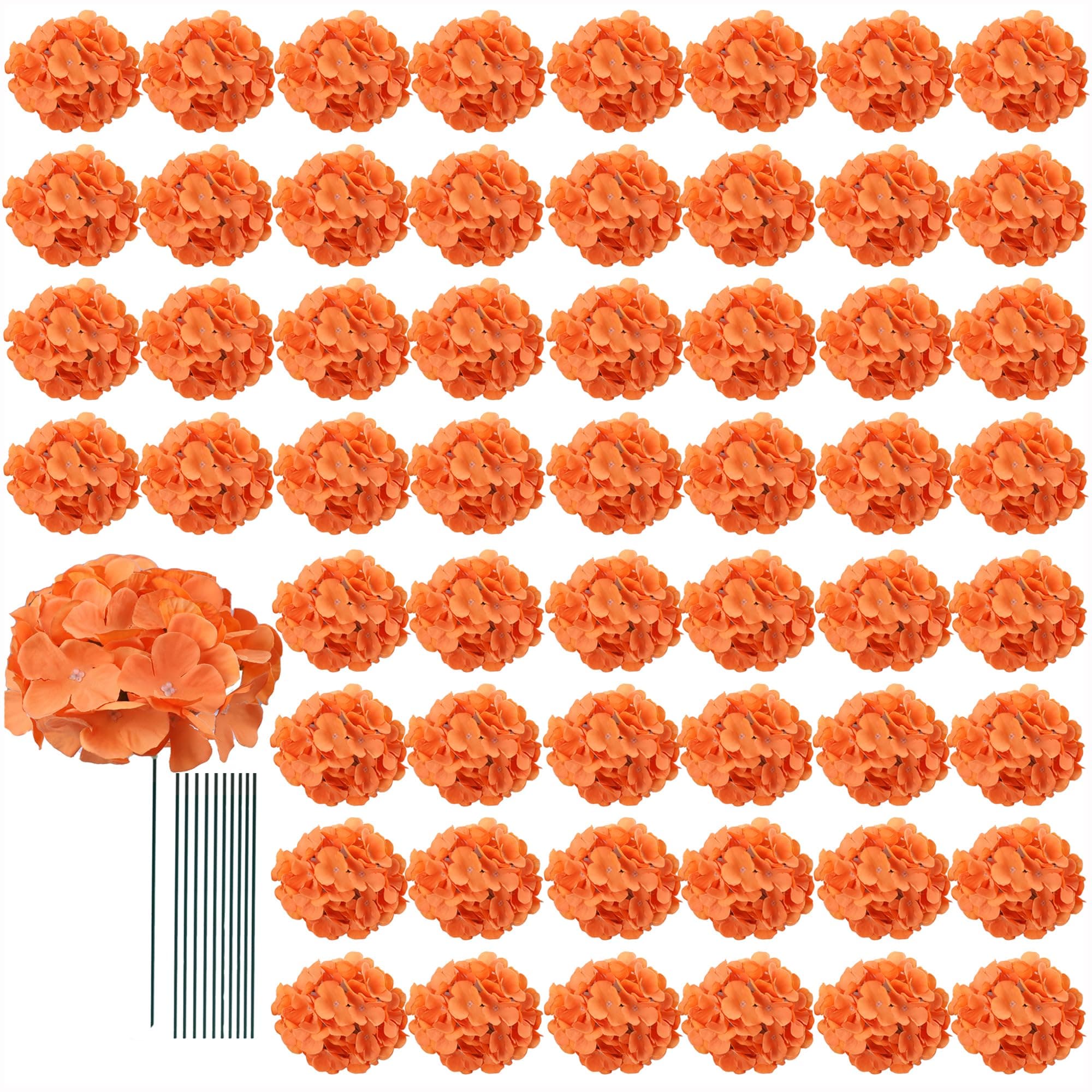 AVIVIHO 65pcs Fake Flowers Orange Hydrangea Artificial Flowers Bulk (Not Squished, No Steaming Need) Silk Flowers with Stems for Wedding Decor,Home,Baby Shower,Table Centerpieces Decoration