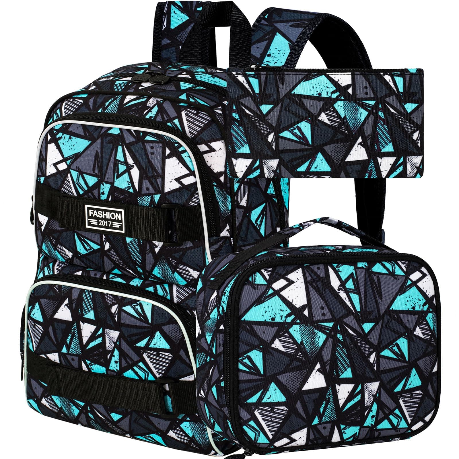 17 Inches Boys Backpack, 3Pcs School Bookbag Set for Teens College Students, Graffiti Laptop Backpacks with Lunch Box (Green)