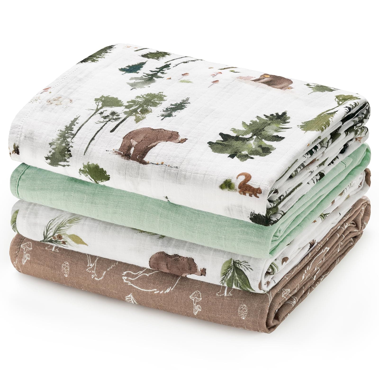 david's kids 4 Pack Baby Muslin Swaddle Blankets, 100% Cotton and Ultra Soft Breathable Receiving Blanket Wrap for Boys Girls, New Born Essentials, Large 47 x 47 inches, Woodland Animals/Green