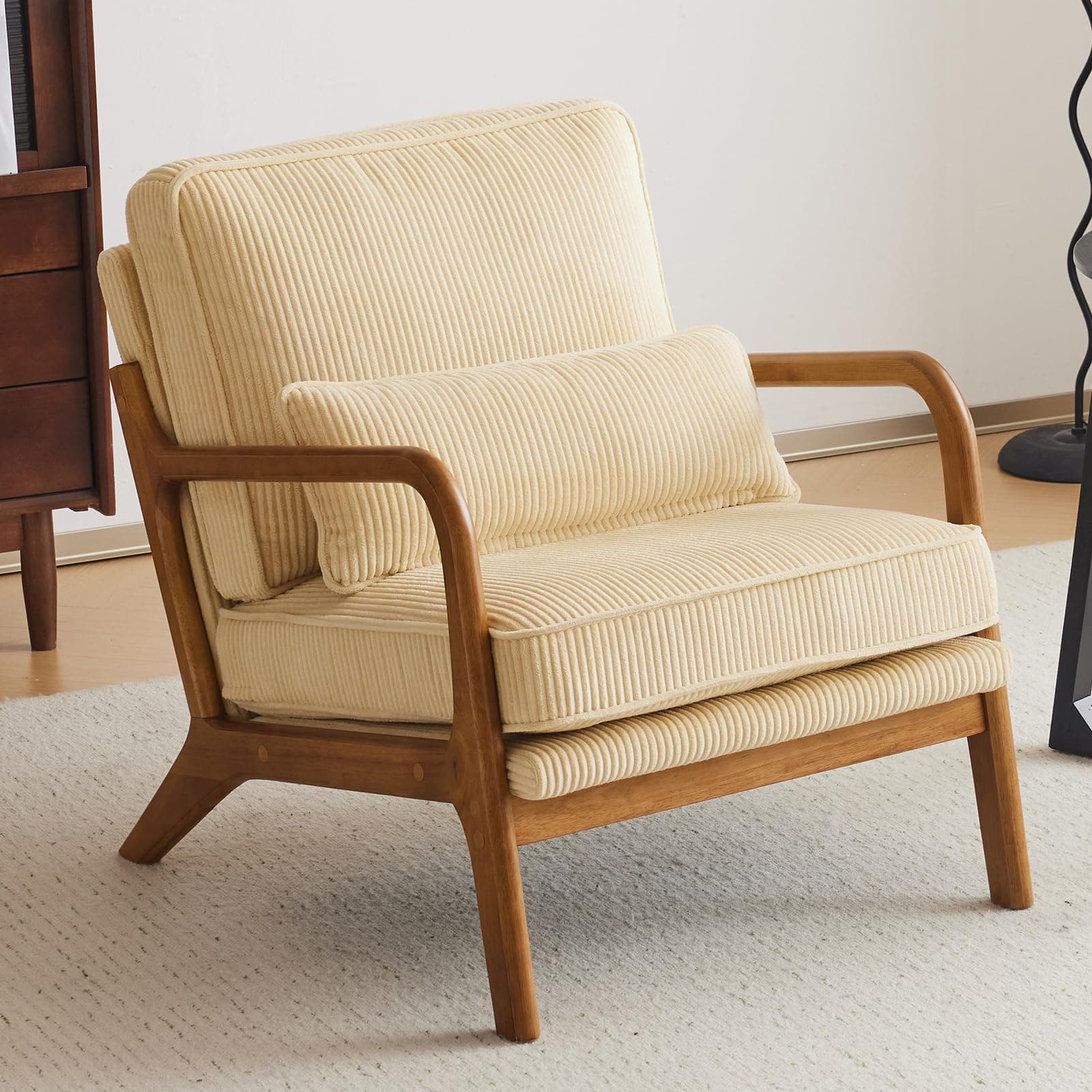 VINGLI Upgraded Premium Corduroy Accent Chair,Upholstered Arm Chair,Solid Wood Comfy Reading Chair with Lumbar Pillow, Mid Century Modern Chairs for Living Room,Bedroom,Guest Room,Dark Beige