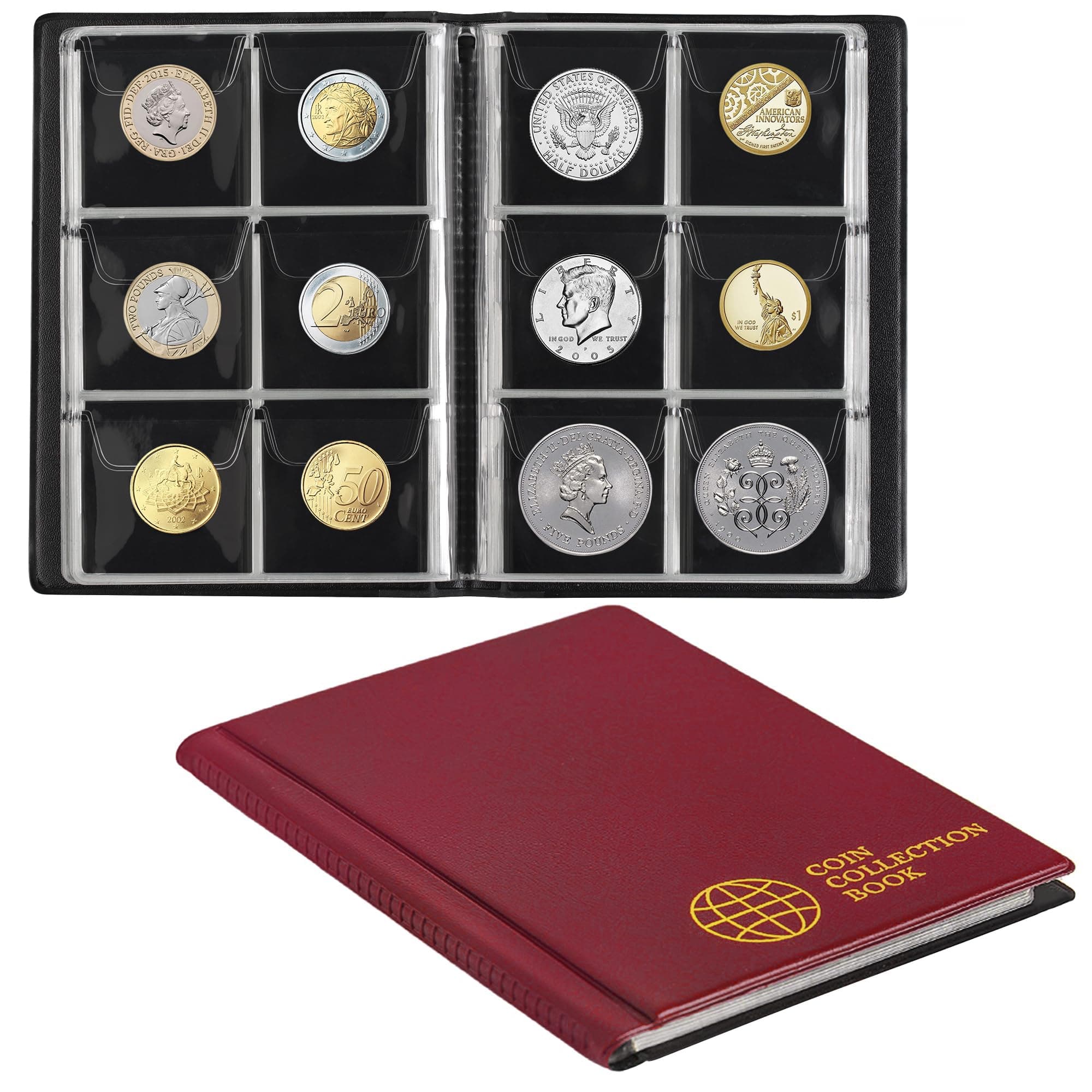 Coin Collection Album 60 Pockets - 4.5x4.5cm/1.8x1.8 inch Coin Holder Book Coin Storage Album Money Penny Pocket for Collectors Red CS0106RE