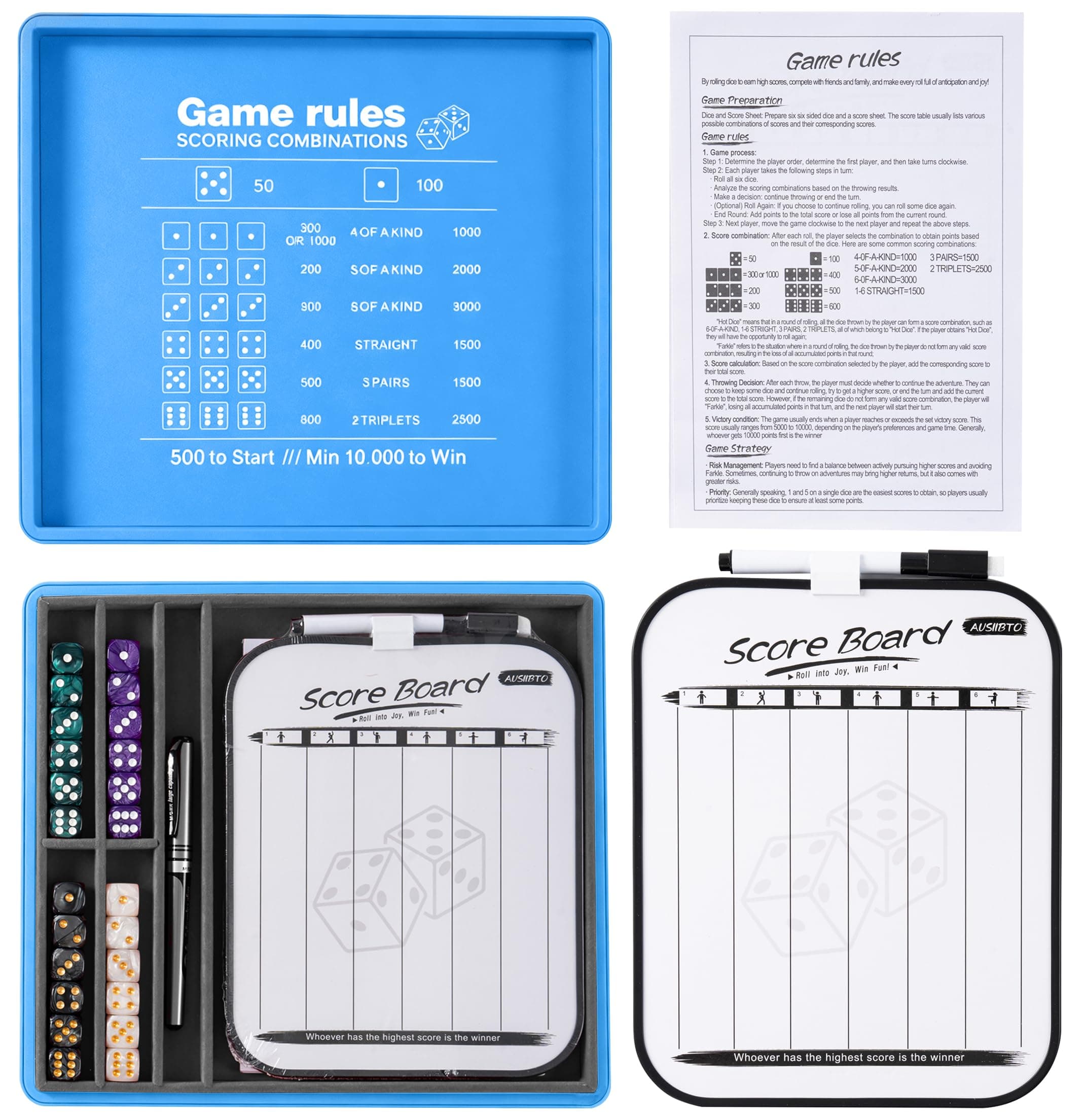 AUSIIBTO Dice Tray and Storage Case for Farkle Game - Includes Embedded Scoring Combinations, 4 Sets of 6 Pearl Dice, 50 Sheet Score Pad and Pen Holder for The Classic Family Game - Blue and Grey