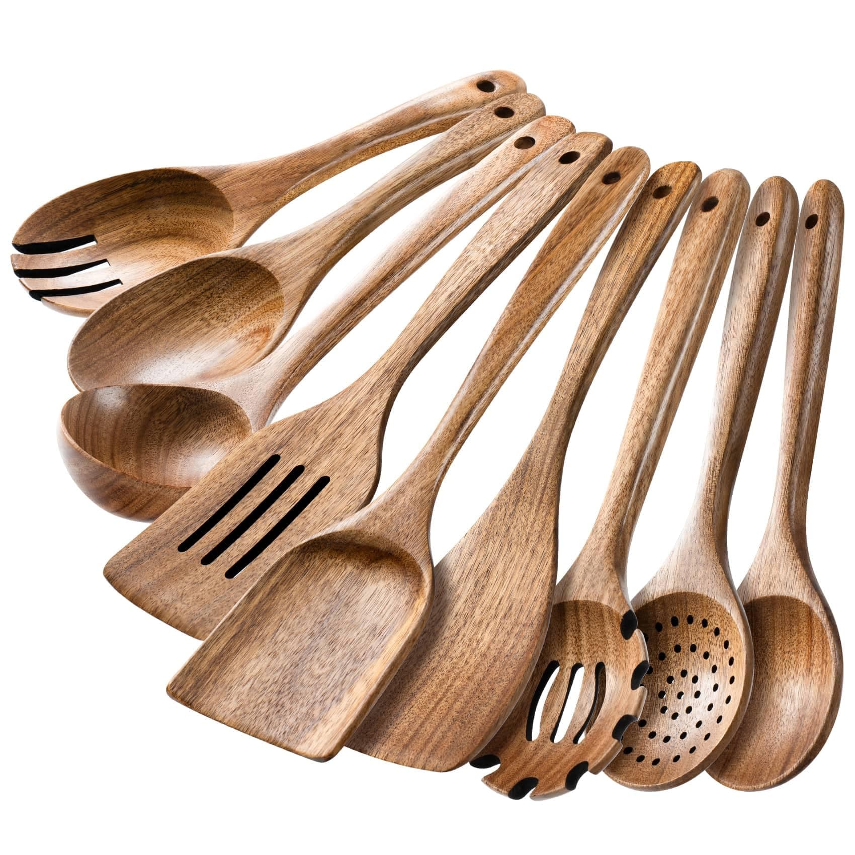 HSM Wooden Spoons for Cooking, 9-Piece Acacia Wood Kitchen Utensil Set