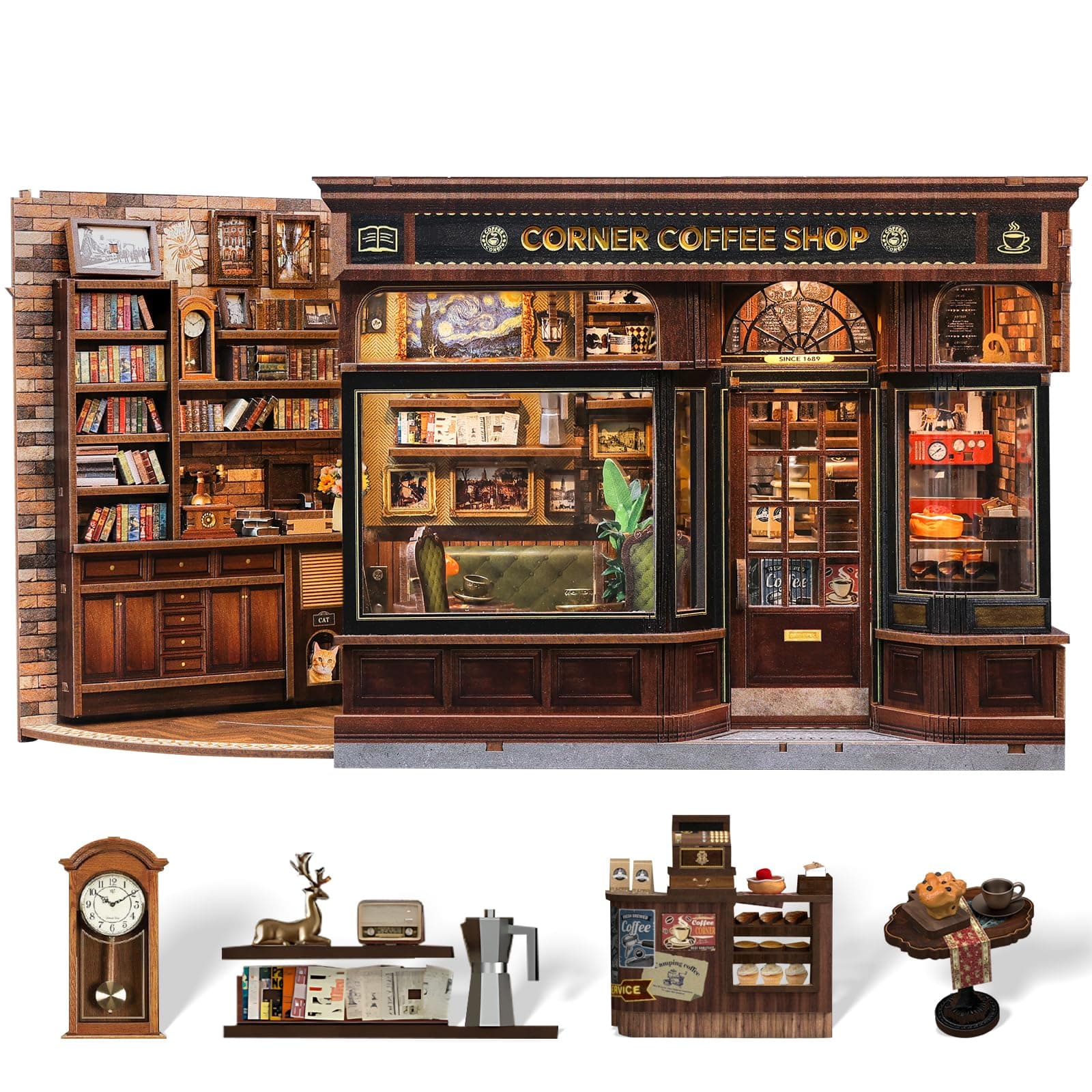 CUTEBEE Book Nook Kit - DIY Miniature House Dollhouse Kit for Adults and Teens, Booknook Tiny Japanese House Bookshelf Decor 3D Wooden Puzzle, Gifts for Family, Friends (Corner Coffee Shop)
